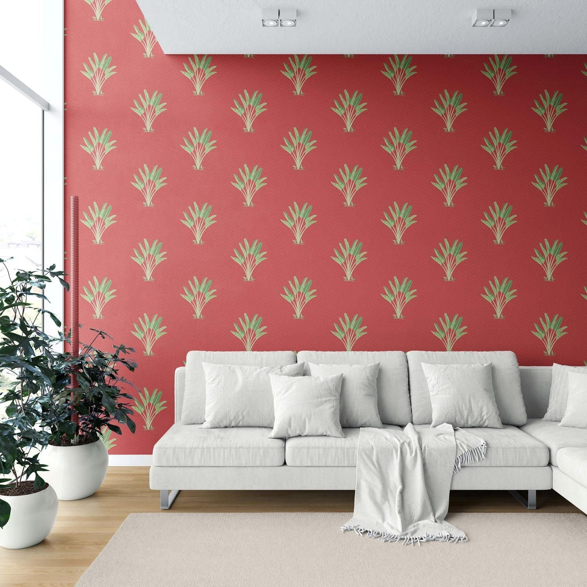 Botanical/ Floral Block Print Shower Toilet Wallpaper (Red-Orange/ Green)