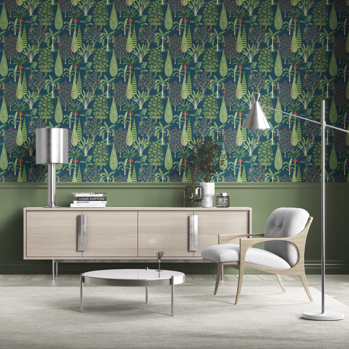Tropical Floral/ Botanical Traditional Wallpaper Sample (Teal Blue/ Green/ Pink)