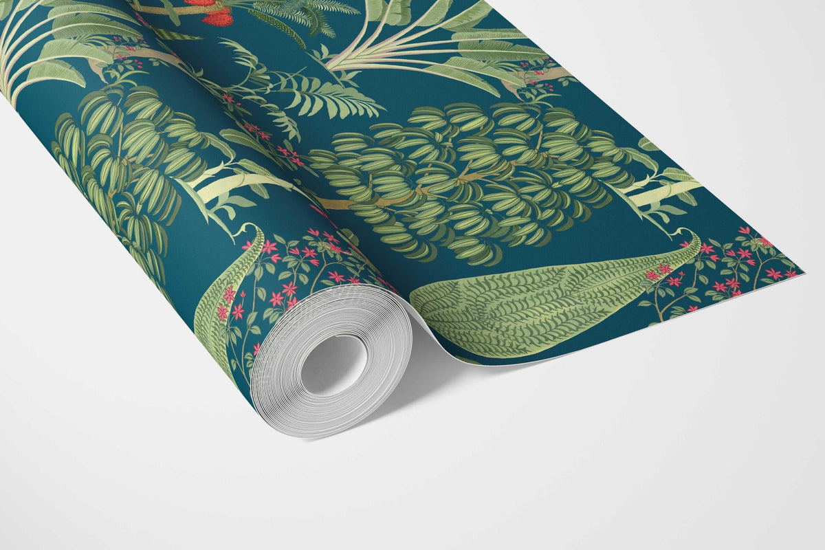 Tropical Floral/ Botanical Bathroom Wallpaper Sample (Teal Blue/ Green/ Pink)