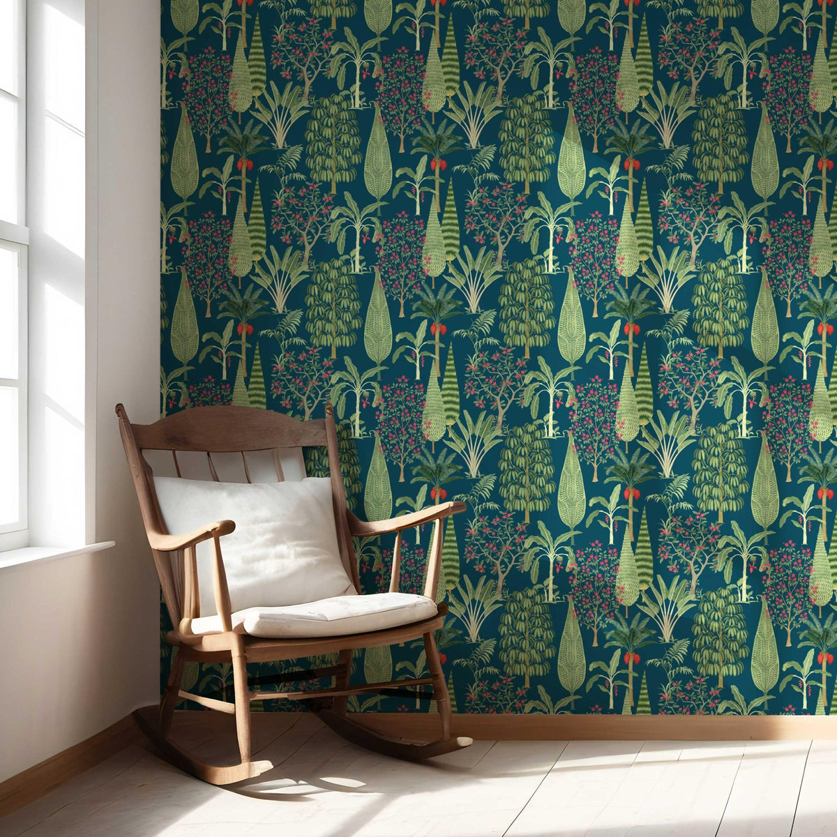 Tropical Floral/ Botanical Nursery Wallpaper Sample (Teal Blue/ Green/ Pink)