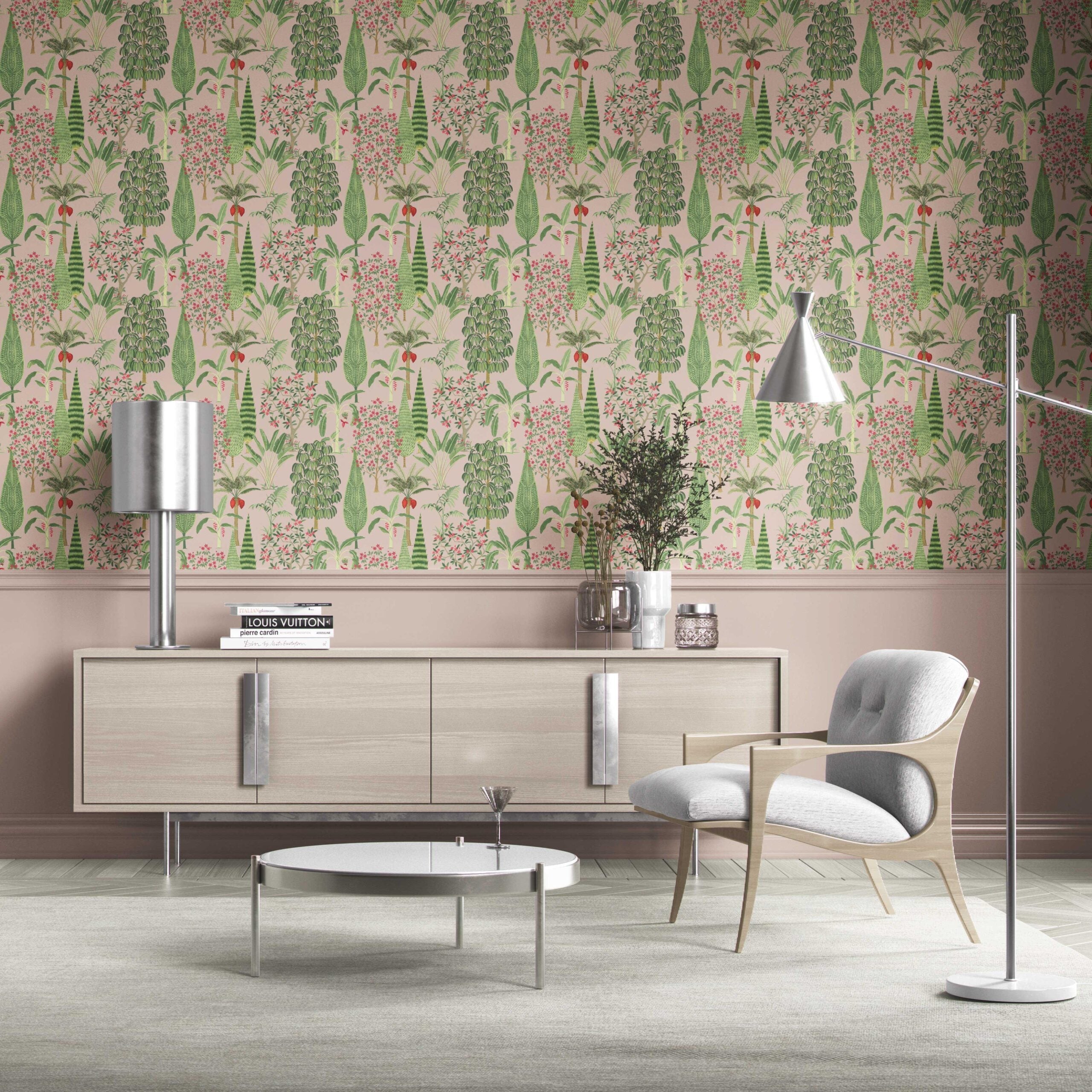 Tropical Floral/ Botanical Traditional Wallpaper Sample (Pink/ Green/ Red)