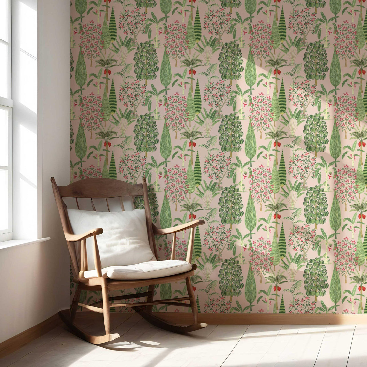 Tropical Floral/ Botanical Nursery Wallpaper (Pink/ Green/ Red)