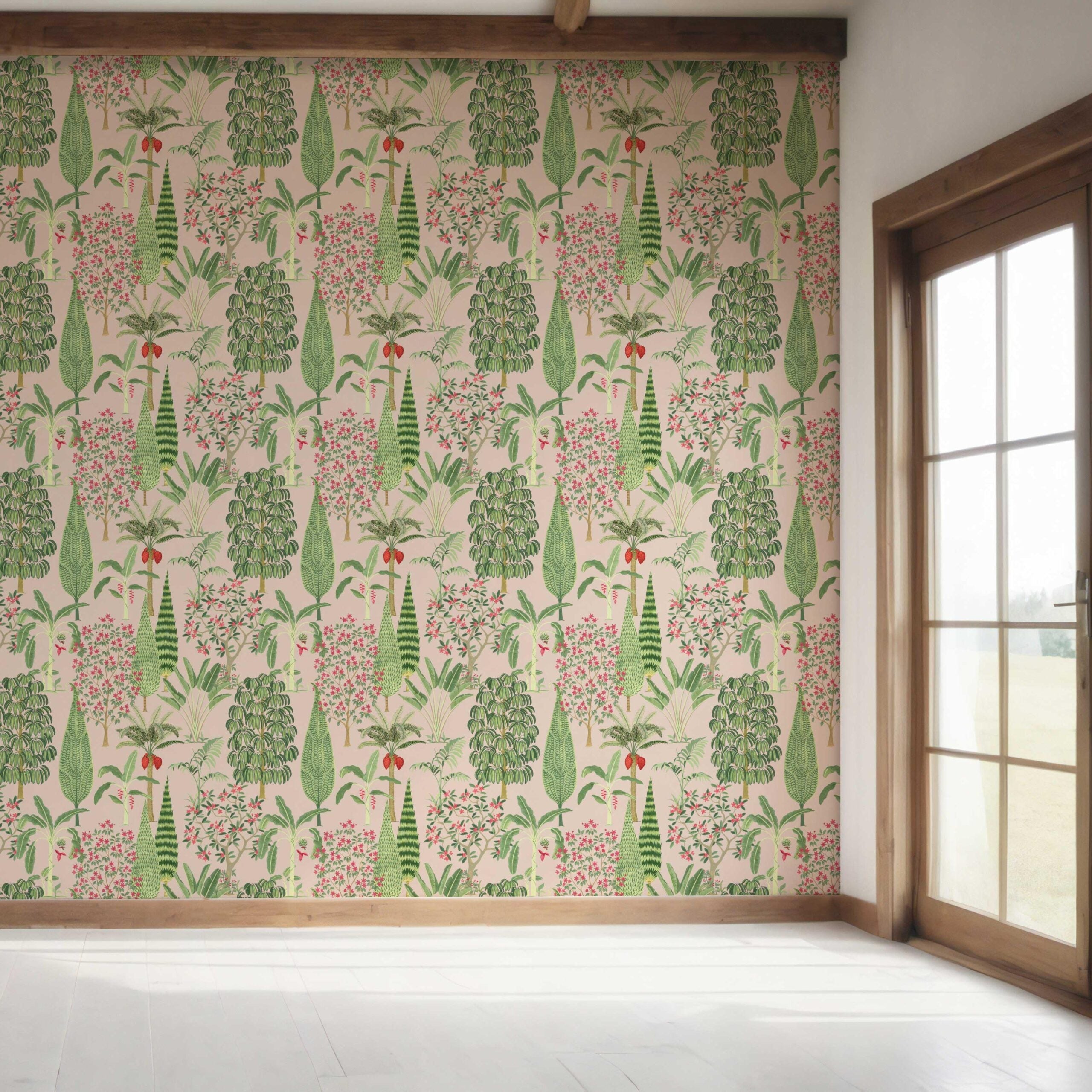 Tropical Floral/ Botanical Bedroom Wallpaper Sample (Pink/ Green/ Red)