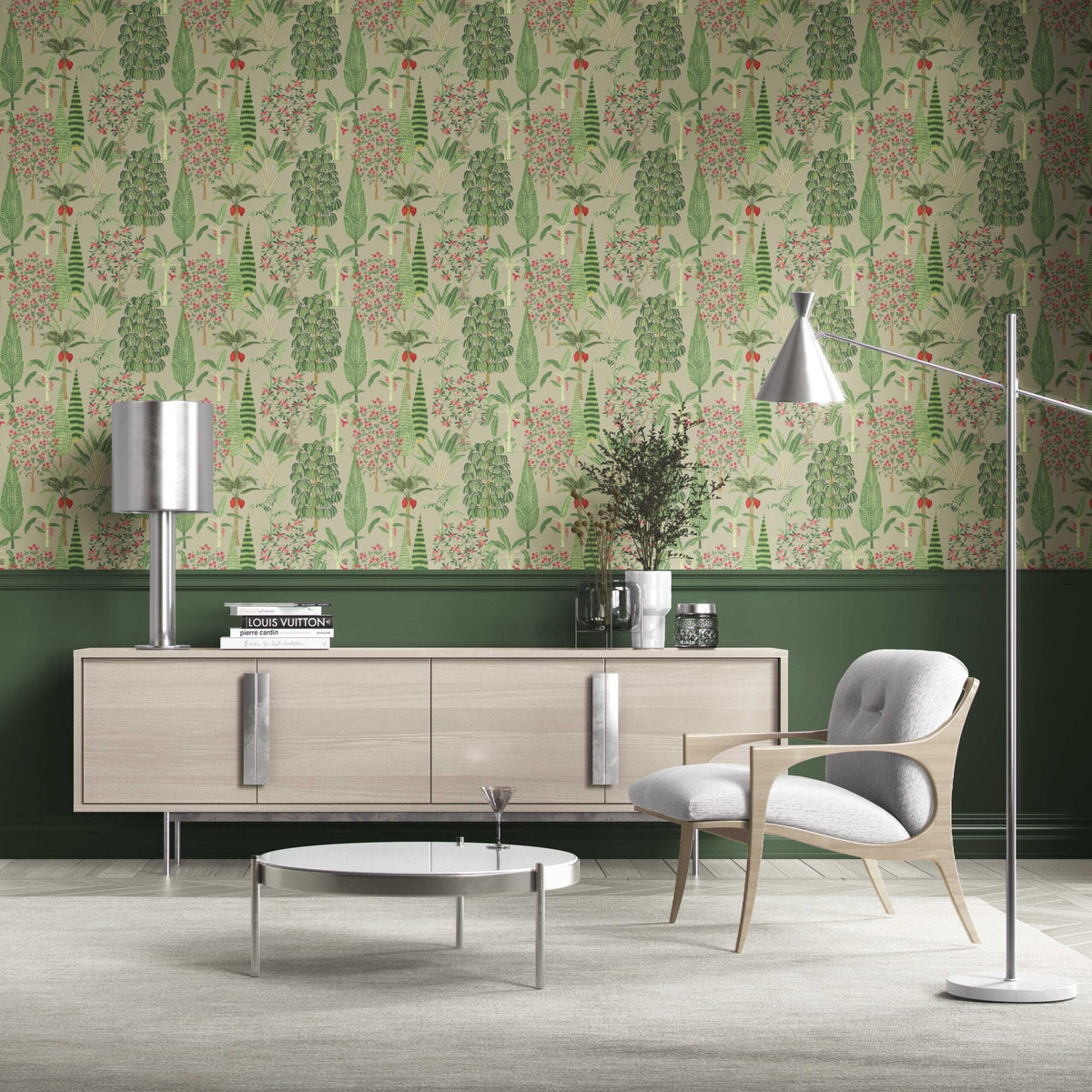 Tropical Floral/ Botanical Traditional Wallpaper Sample (Green/ Pink/ Red)