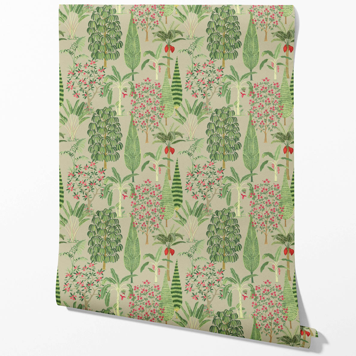 Tropical Floral/ Botanical Kitchen Wallpaper Sample (Green/ Pink/ Red)