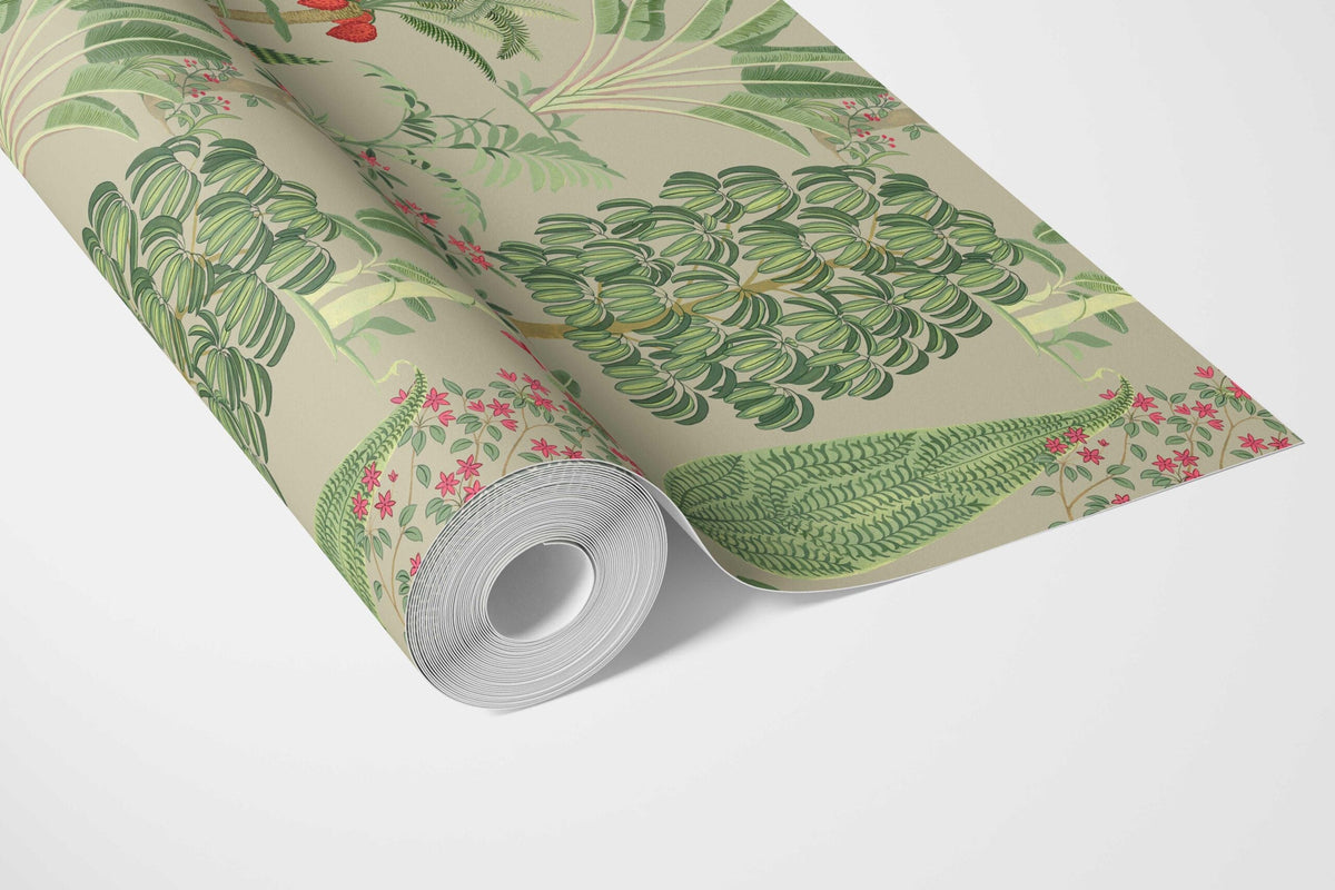 Tropical Floral/ Botanical Bathroom Wallpaper Sample (Green/ Pink/ Red)