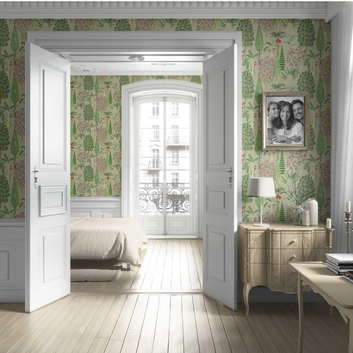 Tropical Floral/ Botanical Living Room Wallpaper Sample (Green/ Pink/ Red)