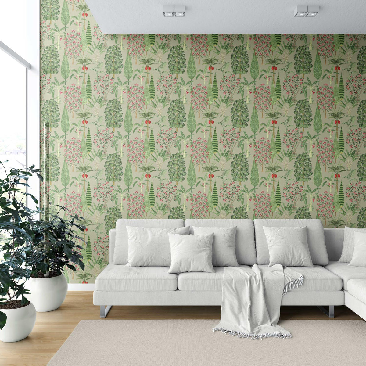 Tropical Floral/ Botanical Shower Toilet Wallpaper Sample (Green/ Pink/ Red)