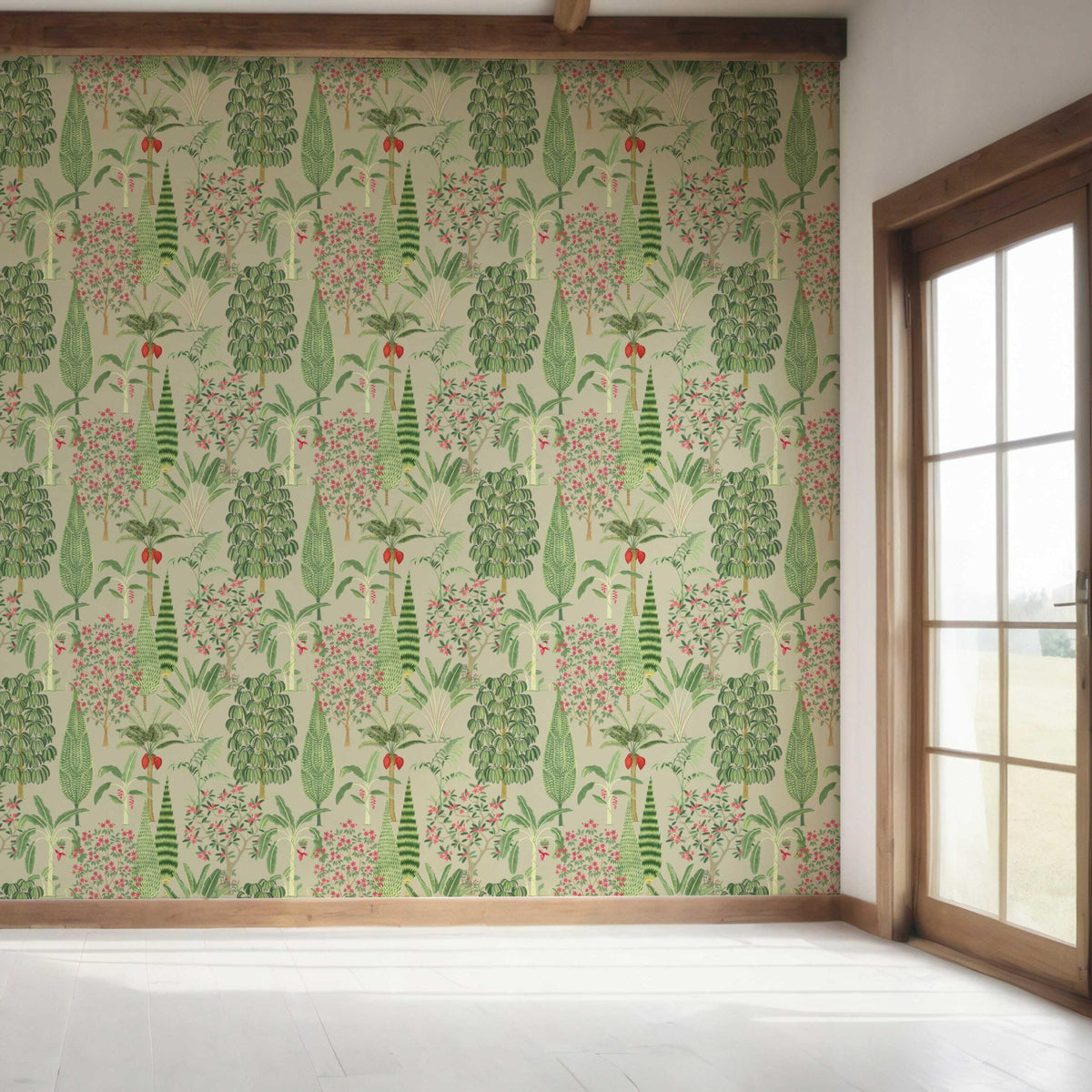 Tropical Floral/ Botanical Bedroom Wallpaper (Green/ Pink/ Red)