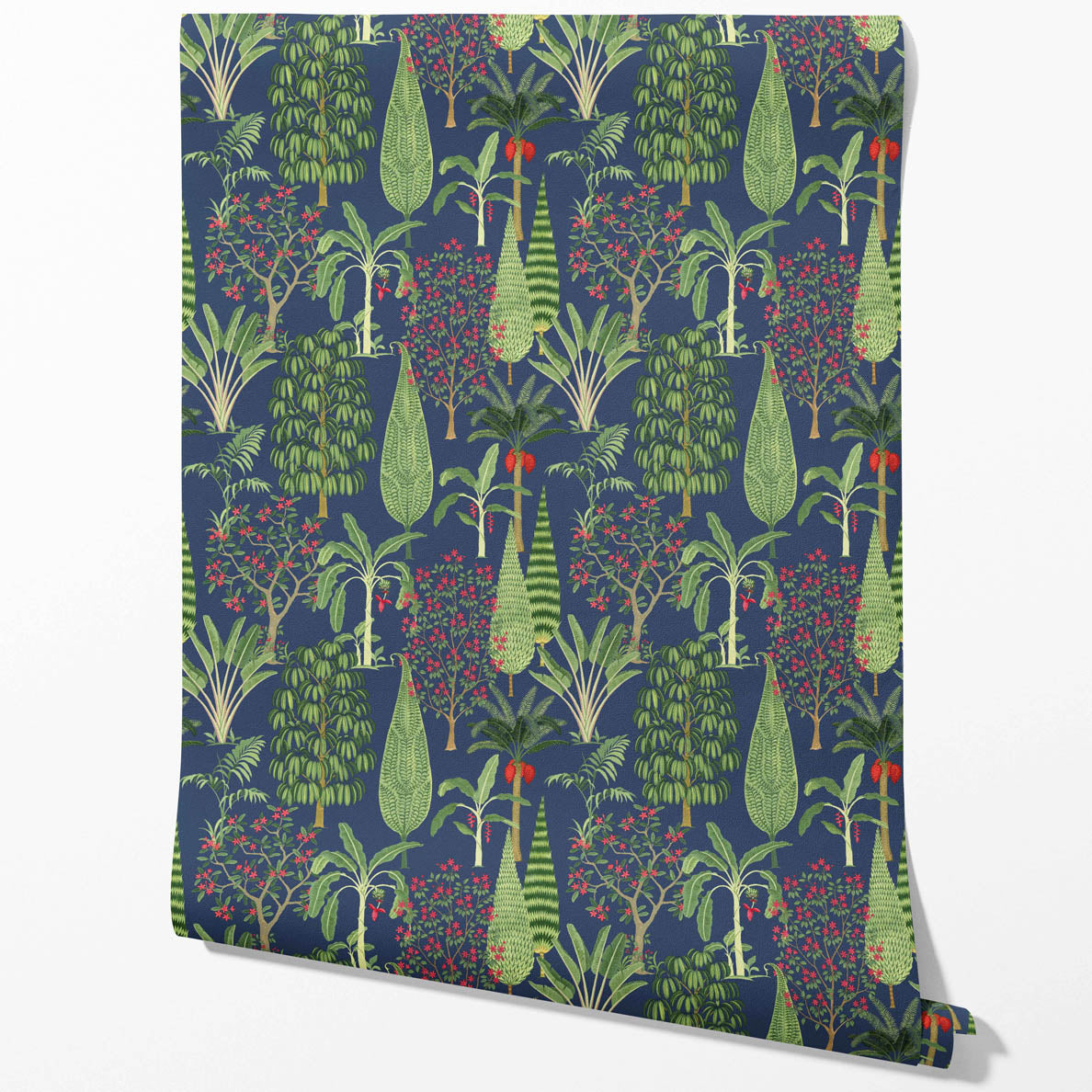 Tropical Floral/ Botanical Kitchen Wallpaper Sample (Navy Blue/ Green/ Pink/ Red)