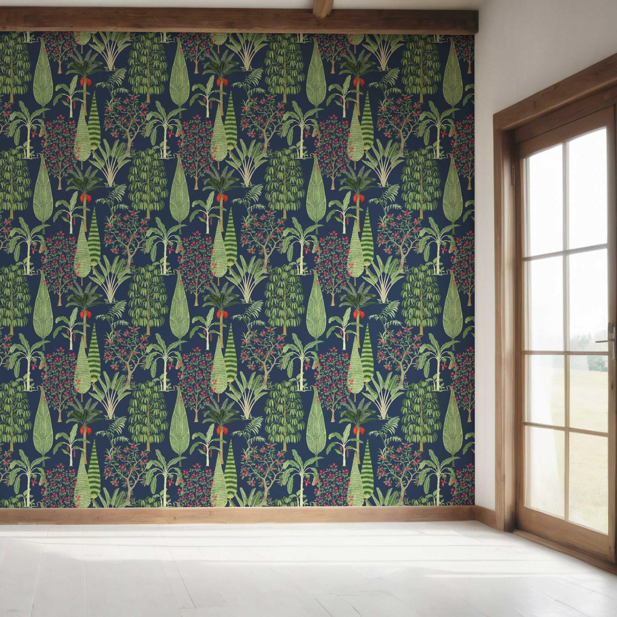 Tropical Floral/ Botanical Bedroom Wallpaper Sample (Navy Blue/ Green/ Pink/ Red)