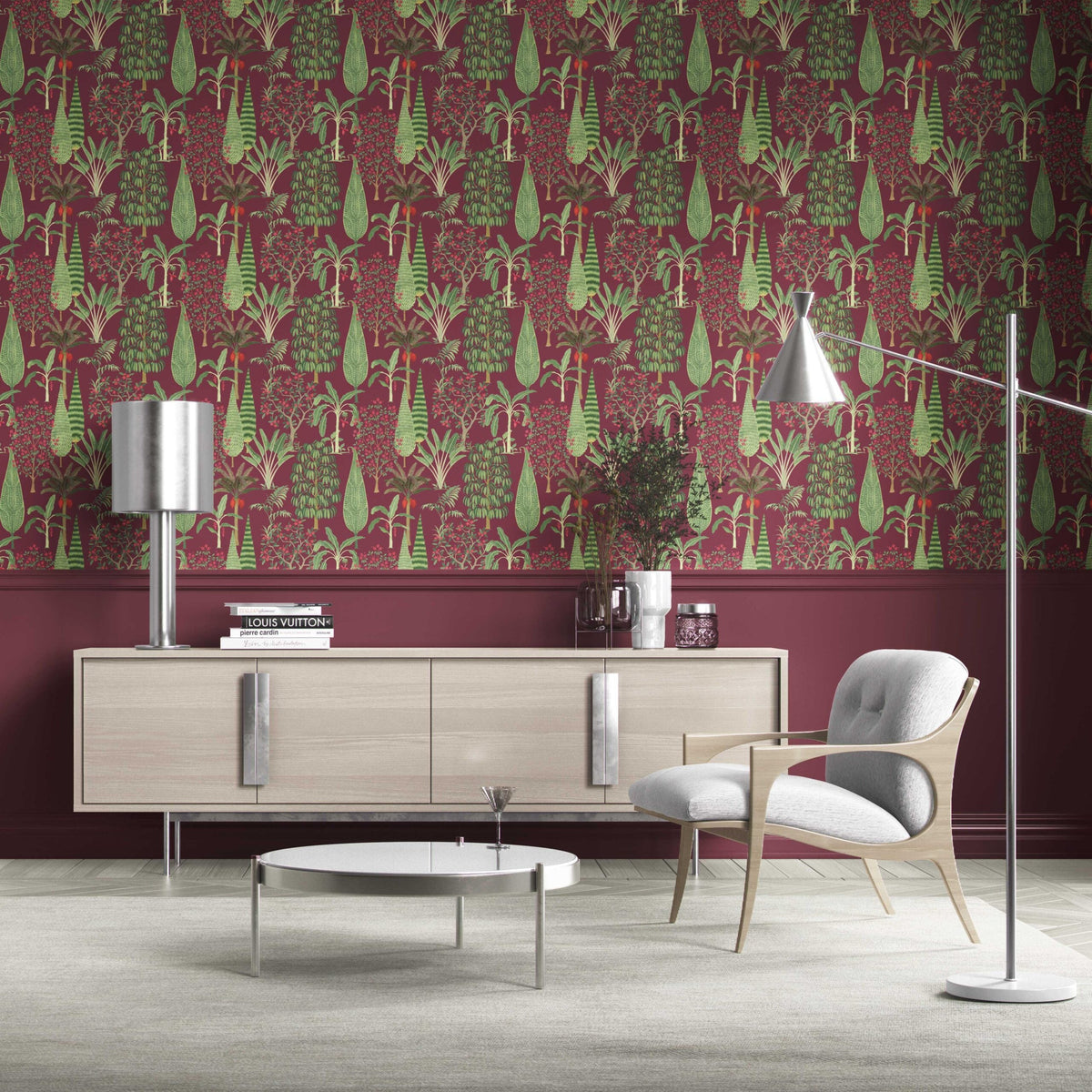 Tropical Floral/ Botanical Traditional Wallpaper Sample (Burgundy Red/ Green/ Pink)
