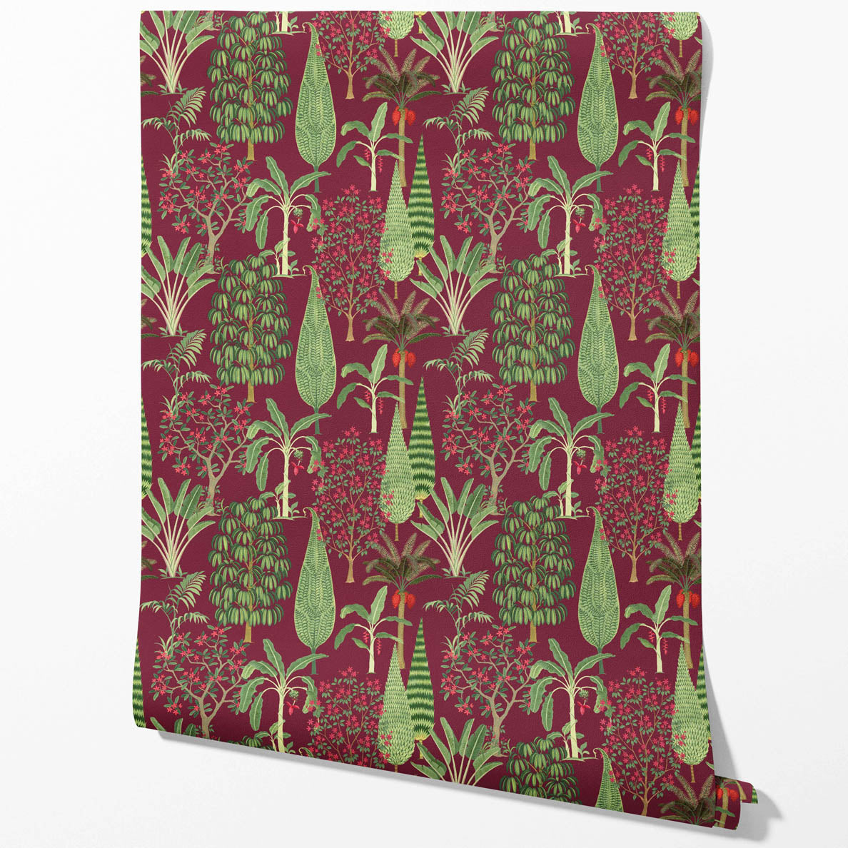 Tropical Floral/ Botanical Kitchen Wallpaper Sample (Burgundy Red/ Green/ Pink)