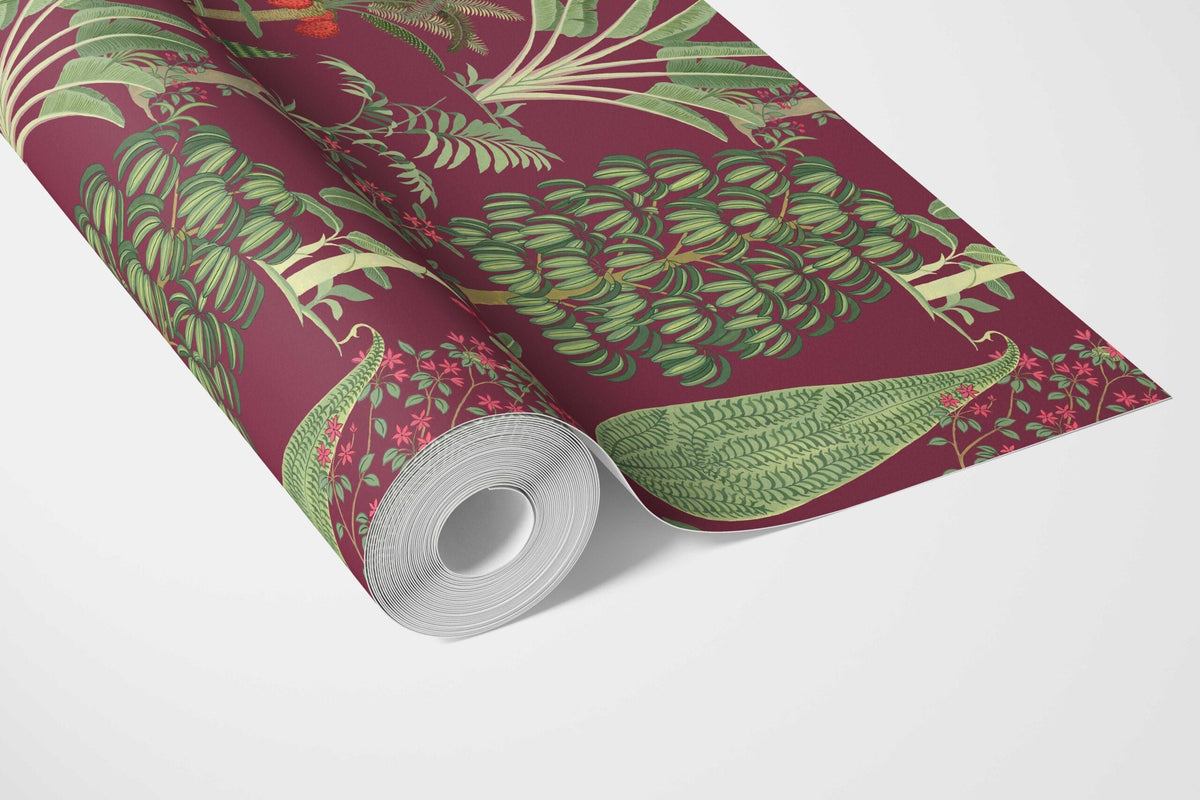 Tropical Floral/ Botanical Bathroom Wallpaper Sample (Burgundy Red/ Green/ Pink)
