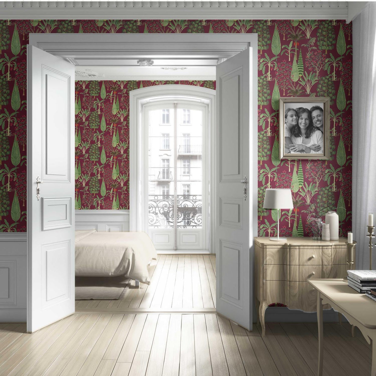 Tropical Floral/ Botanical Living Room Wallpaper Sample (Burgundy Red/ Green/ Pink)