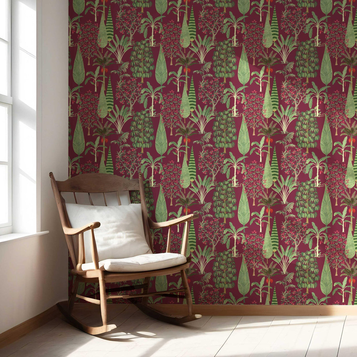 Tropical Floral/ Botanical Nursery Wallpaper Sample (Burgundy Red/ Green/ Pink)