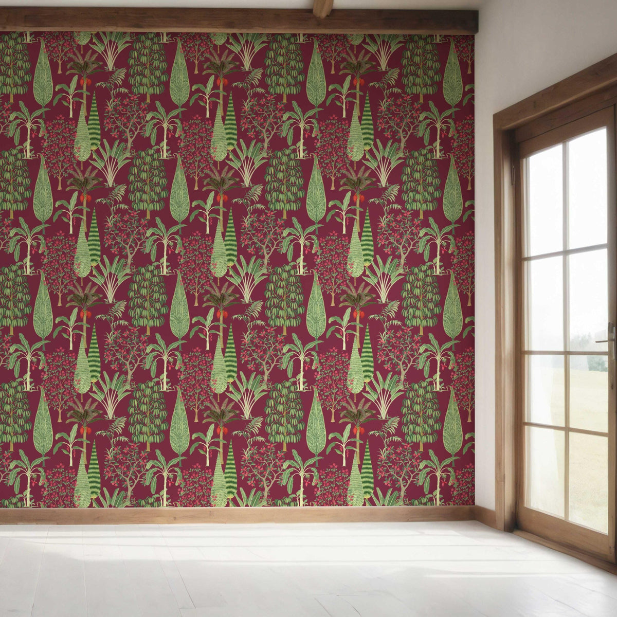 Tropical Floral/ Botanical Shower Toilet Wallpaper Sample (Burgundy Red/ Green/ Pink)