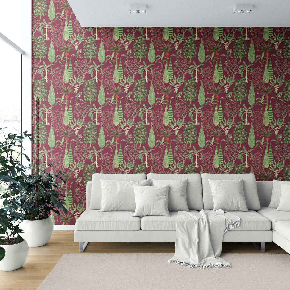 Tropical Floral/ Botanical Bedroom Wallpaper (Burgundy Red/ Green/ Pink)