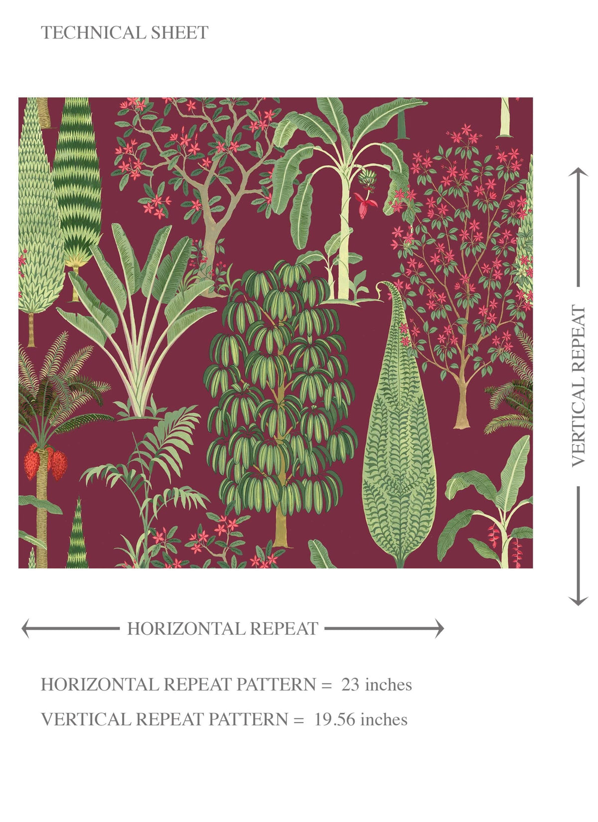 Tropical Floral/ Botanical Kids Room Wallpaper Sample (Burgundy Red/ Green/ Pink)