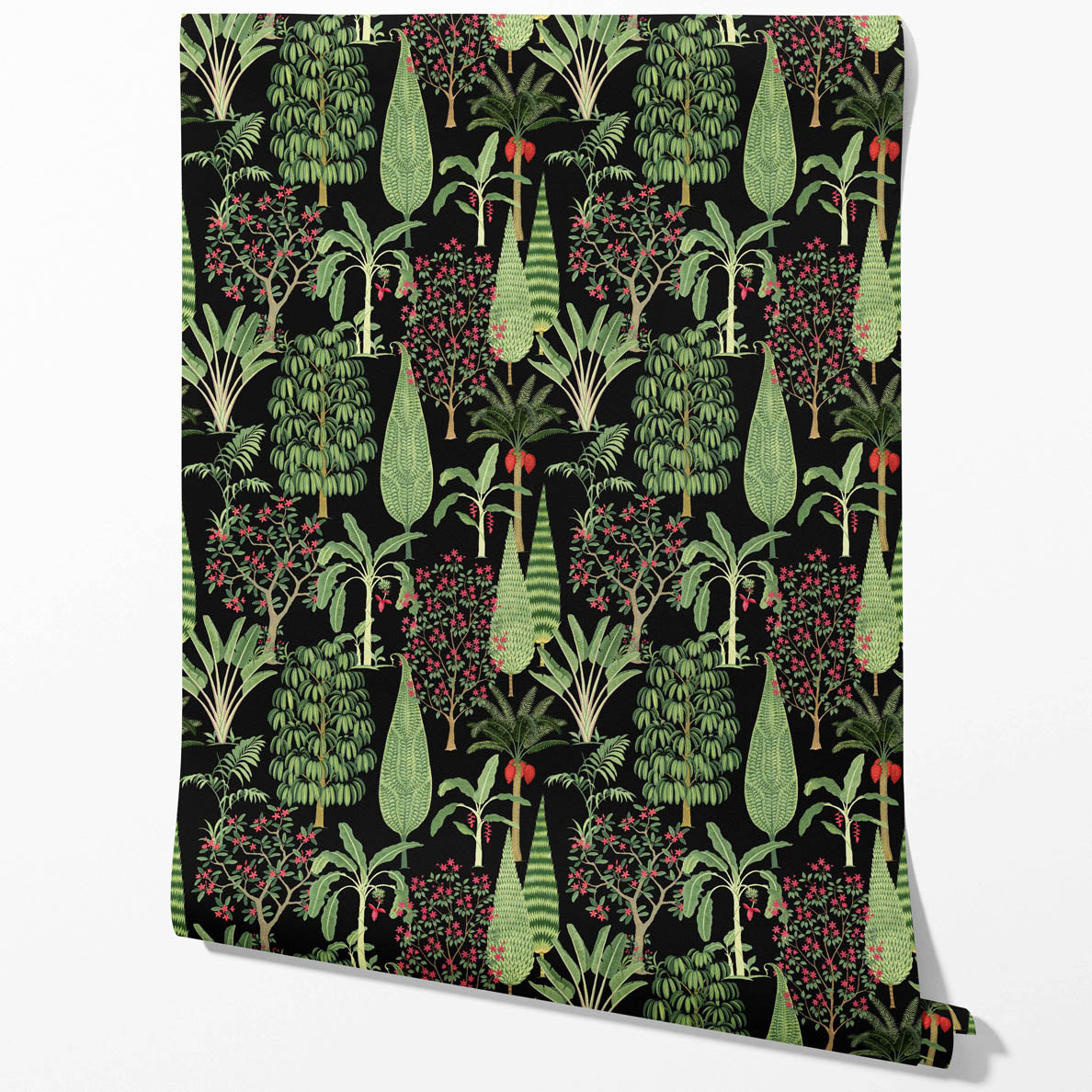 Tropical Floral/ Botanical Kitchen Wallpaper Sample (Black/ Green/ Pink/ Red)