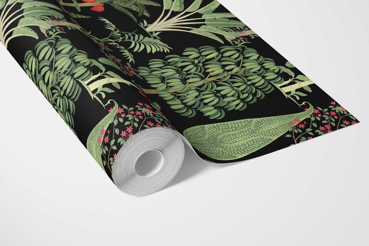 Tropical Floral/ Botanical Bathroom Wallpaper Sample (Black/ Green/ Pink/ Red)