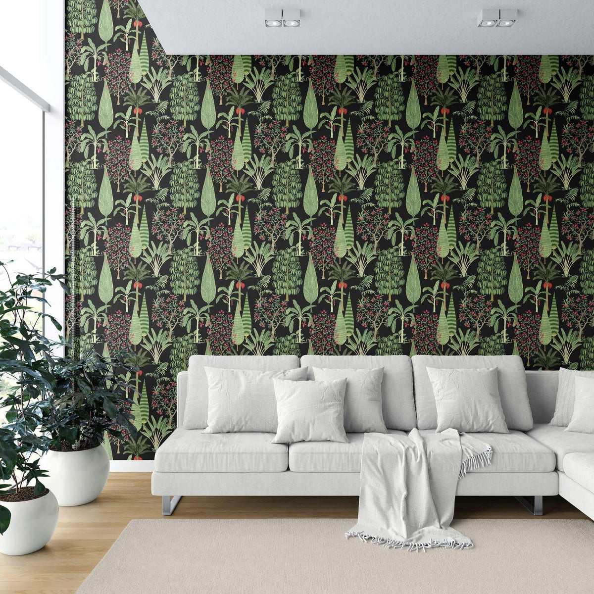 Tropical Floral/ Botanical Shower Toilet Wallpaper Sample (Black/ Green/ Pink/ Red)