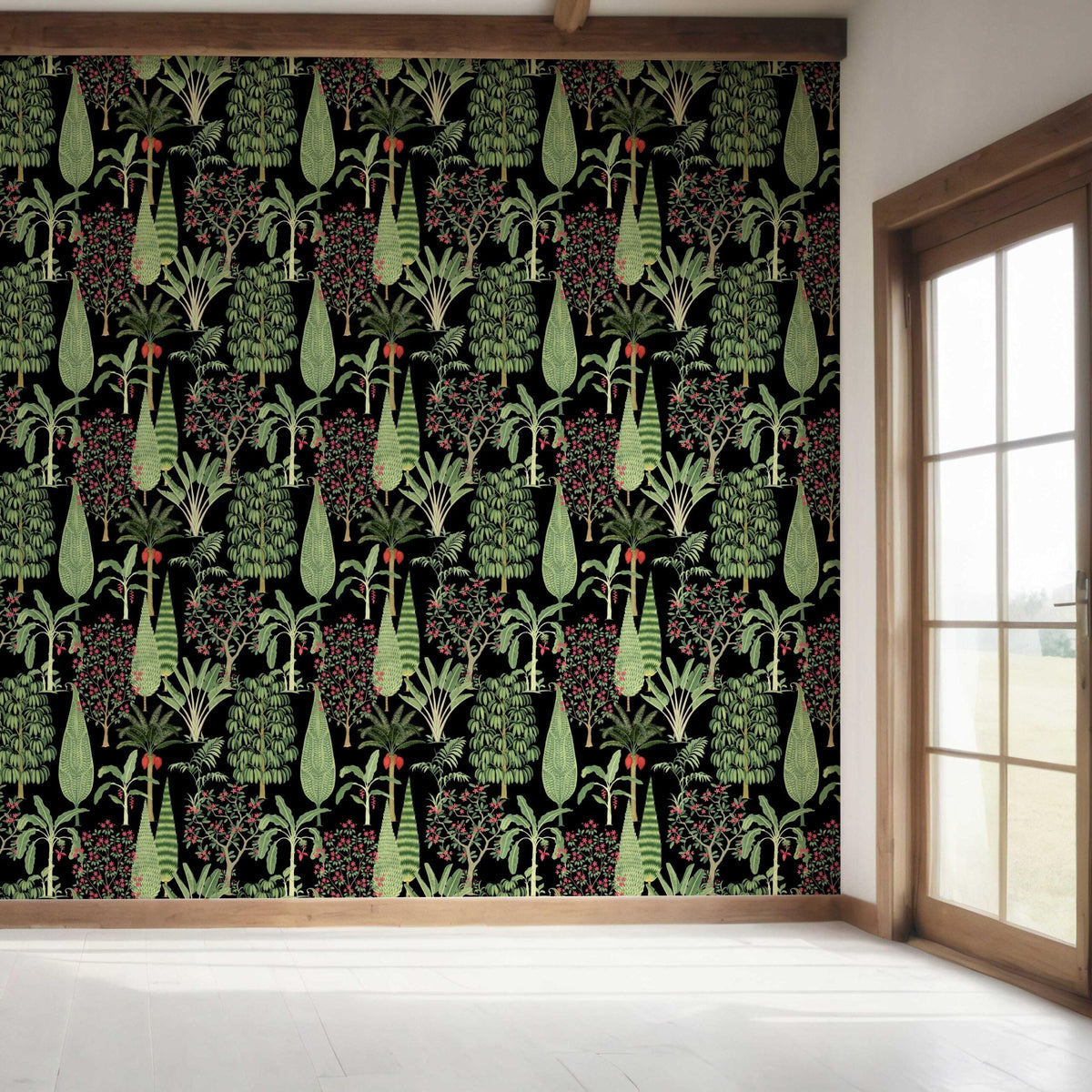 Tropical Floral/ Botanical Bedroom Wallpaper Sample (Black/ Green/ Pink/ Red)