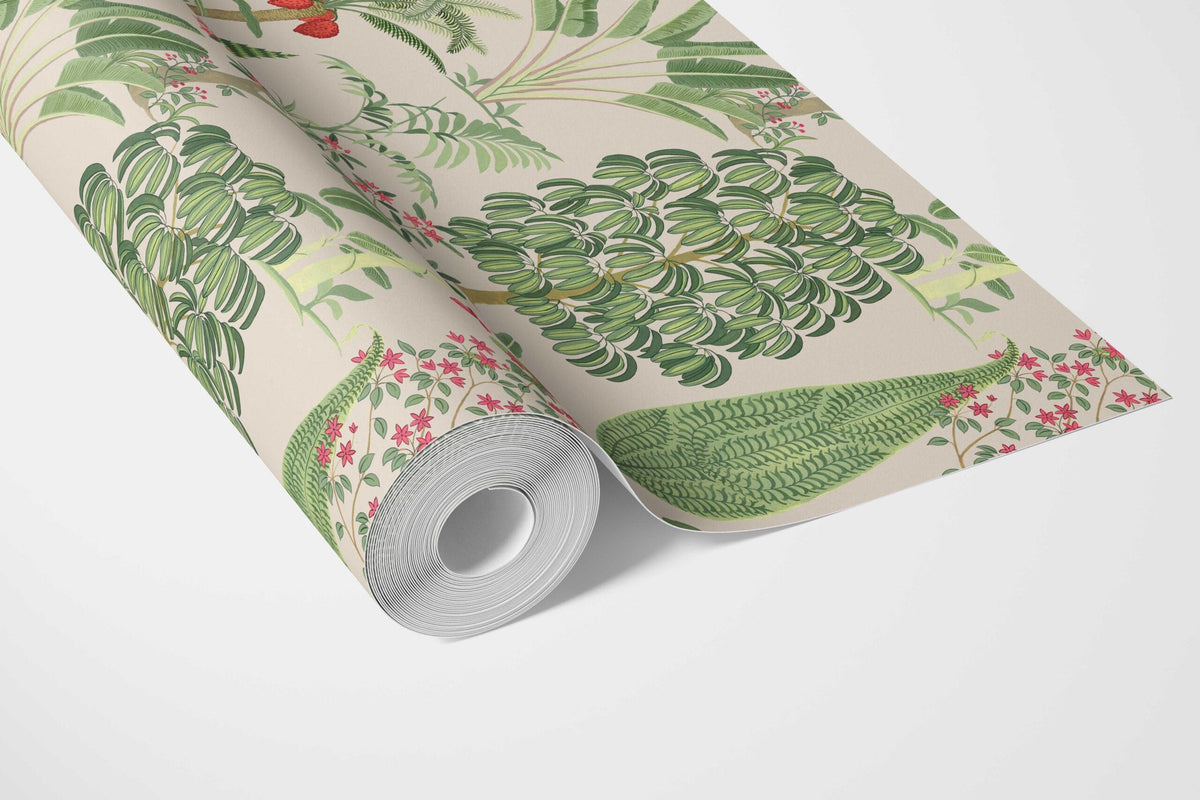 Tropical Floral/ Botanical Bathroom Wallpaper Sample (Beige/ Green/ Pink/ Red)