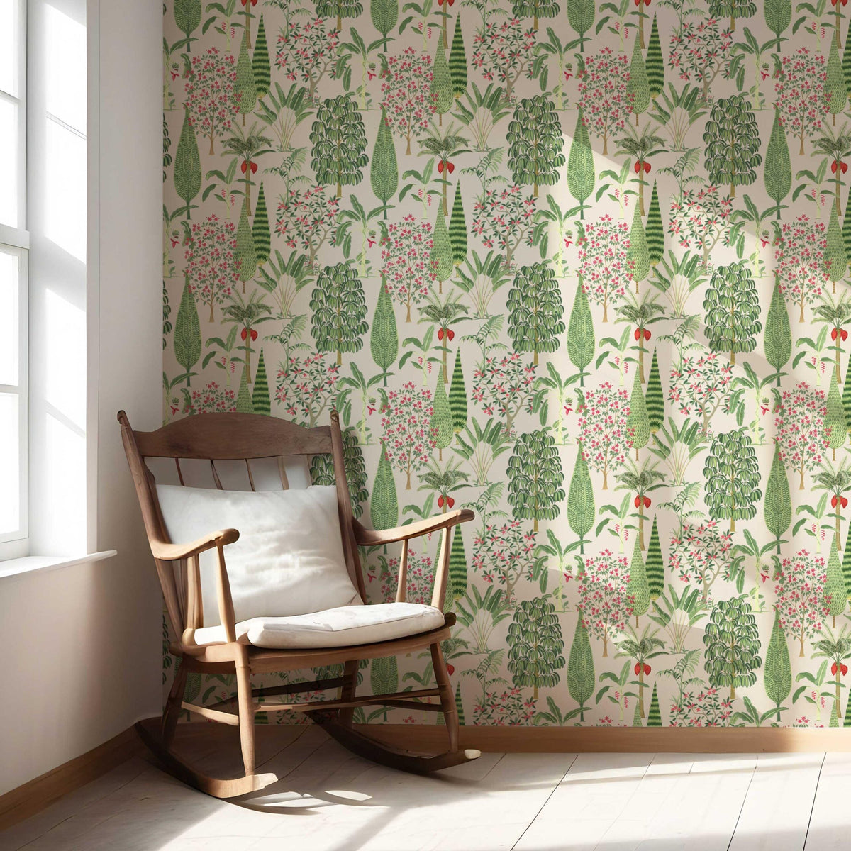 Tropical Floral/ Botanical Nursery Wallpaper Sample (Beige/ Green/ Pink/ Red)