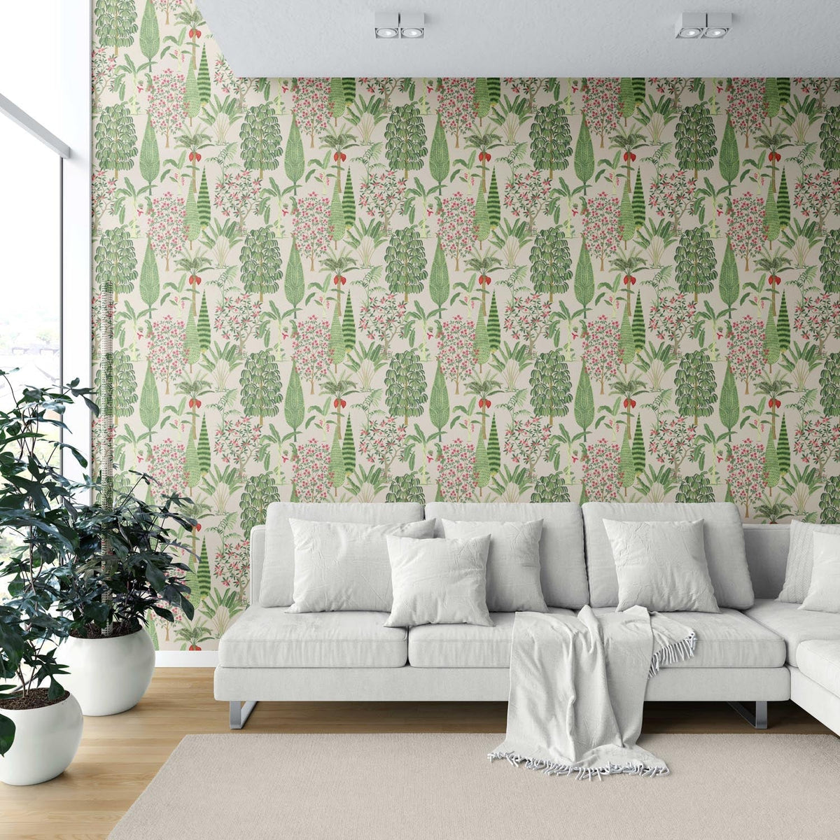 Tropical Floral/ Botanical Shower Toilet Wallpaper (Beige/ Green/ Pink/ Red)