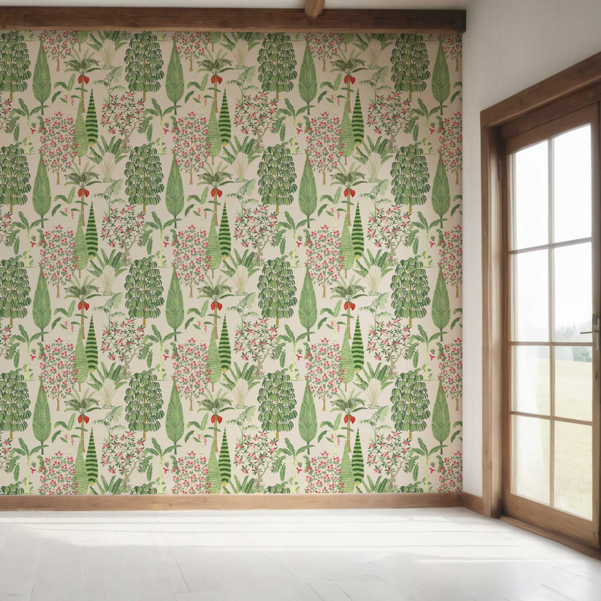 Tropical Floral/ Botanical Bedroom Wallpaper Sample (Beige/ Green/ Pink/ Red)