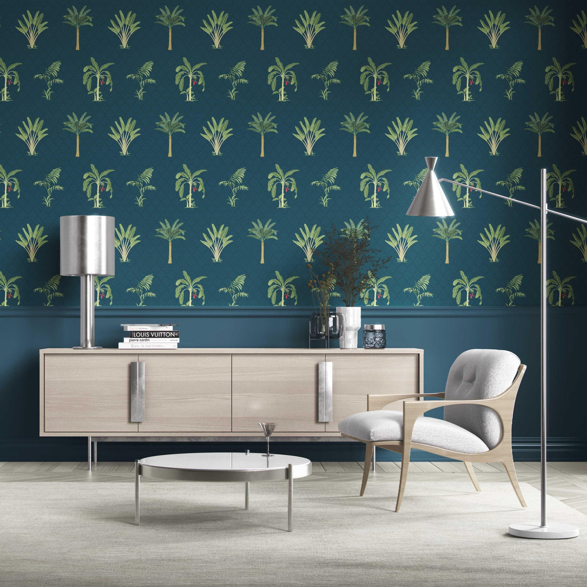 Botanical/ Floral Block Print Traditional Wallpaper (Teal Blue/ Green/ Red)