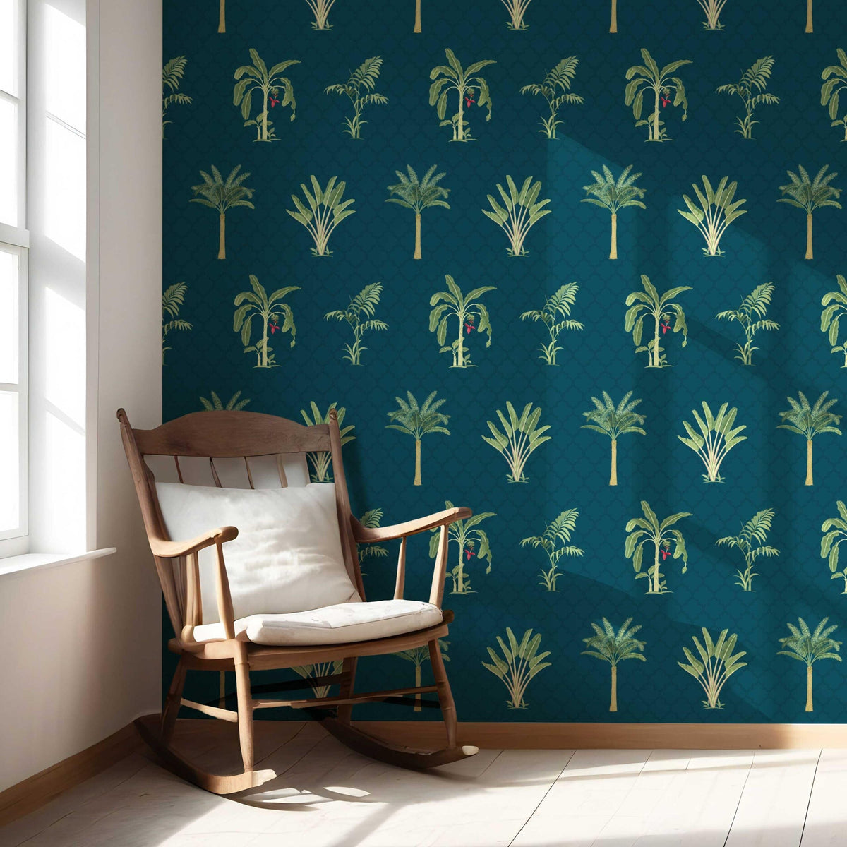 Botanical/ Floral Block Print Nursery Wallpaper Sample (Teal Blue/ Green/ Red)