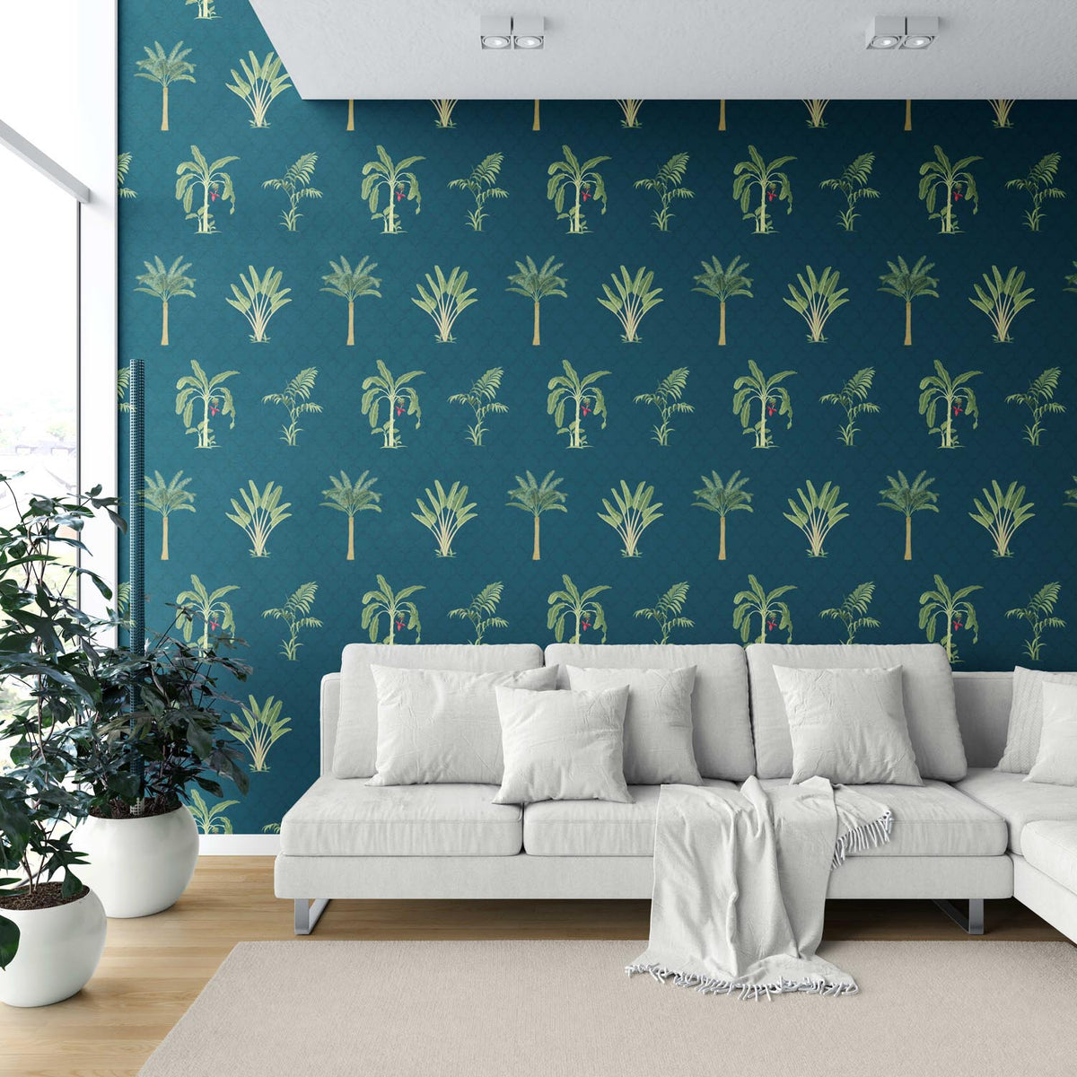 Botanical/ Floral Block Print Shower Toilet Wallpaper (Teal Blue/ Green/ Red)
