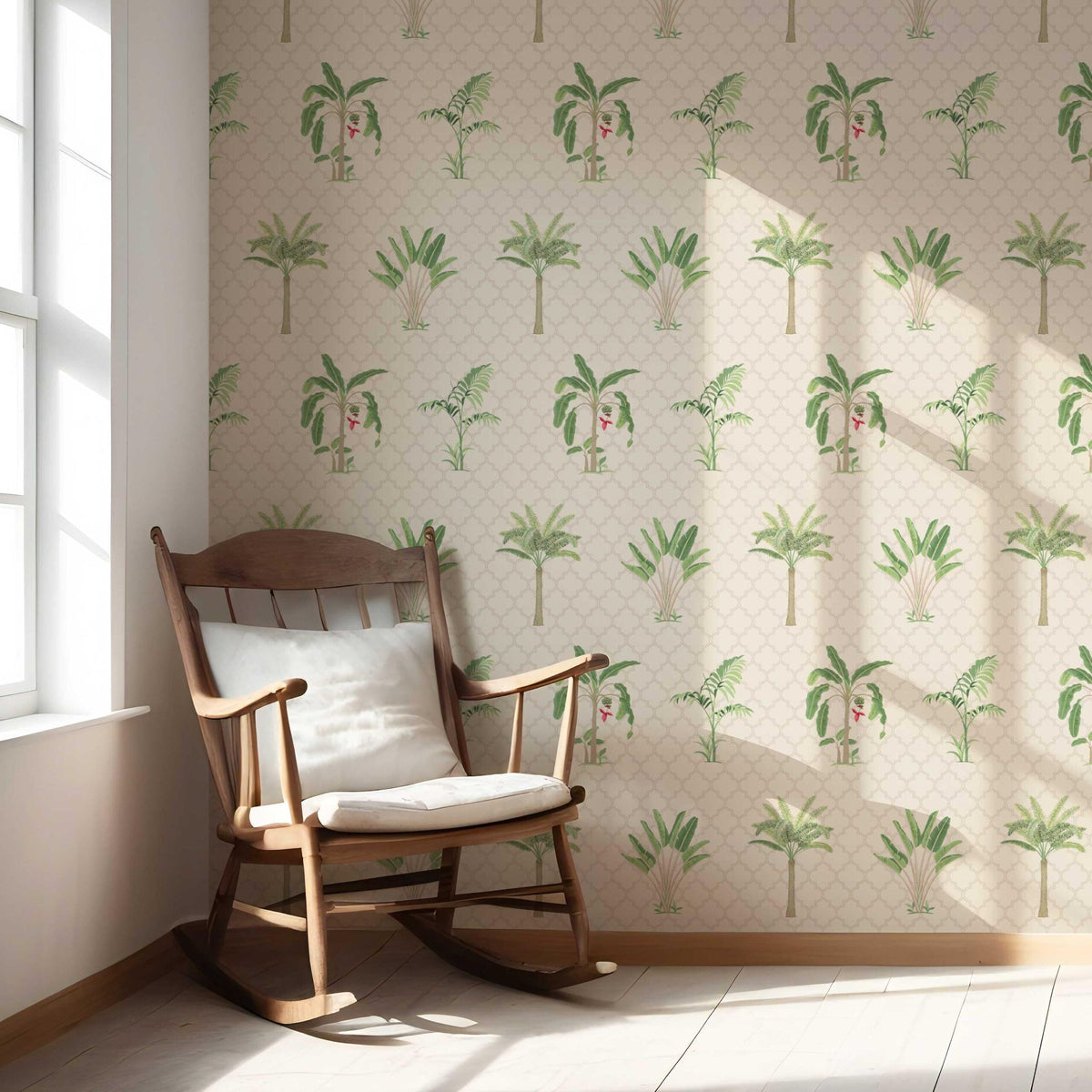 Botanical/ Floral Block Print Nursery Wallpaper Sample (Beige/ Green/ Red/ Soft Taupe)