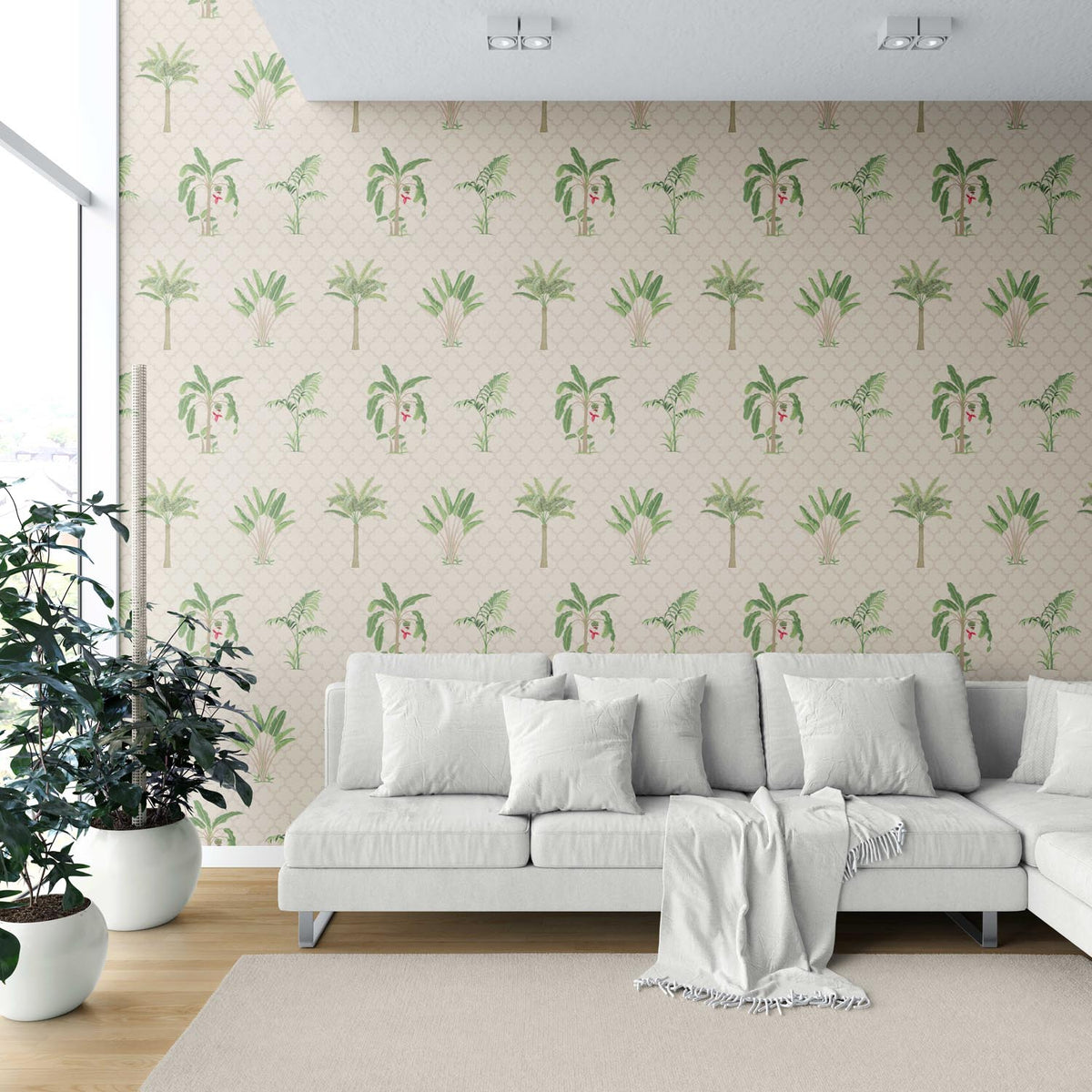 Botanical/ Floral Block Print Shower Toilet Wallpaper Sample (Beige/ Green/ Red/ Soft Taupe)
