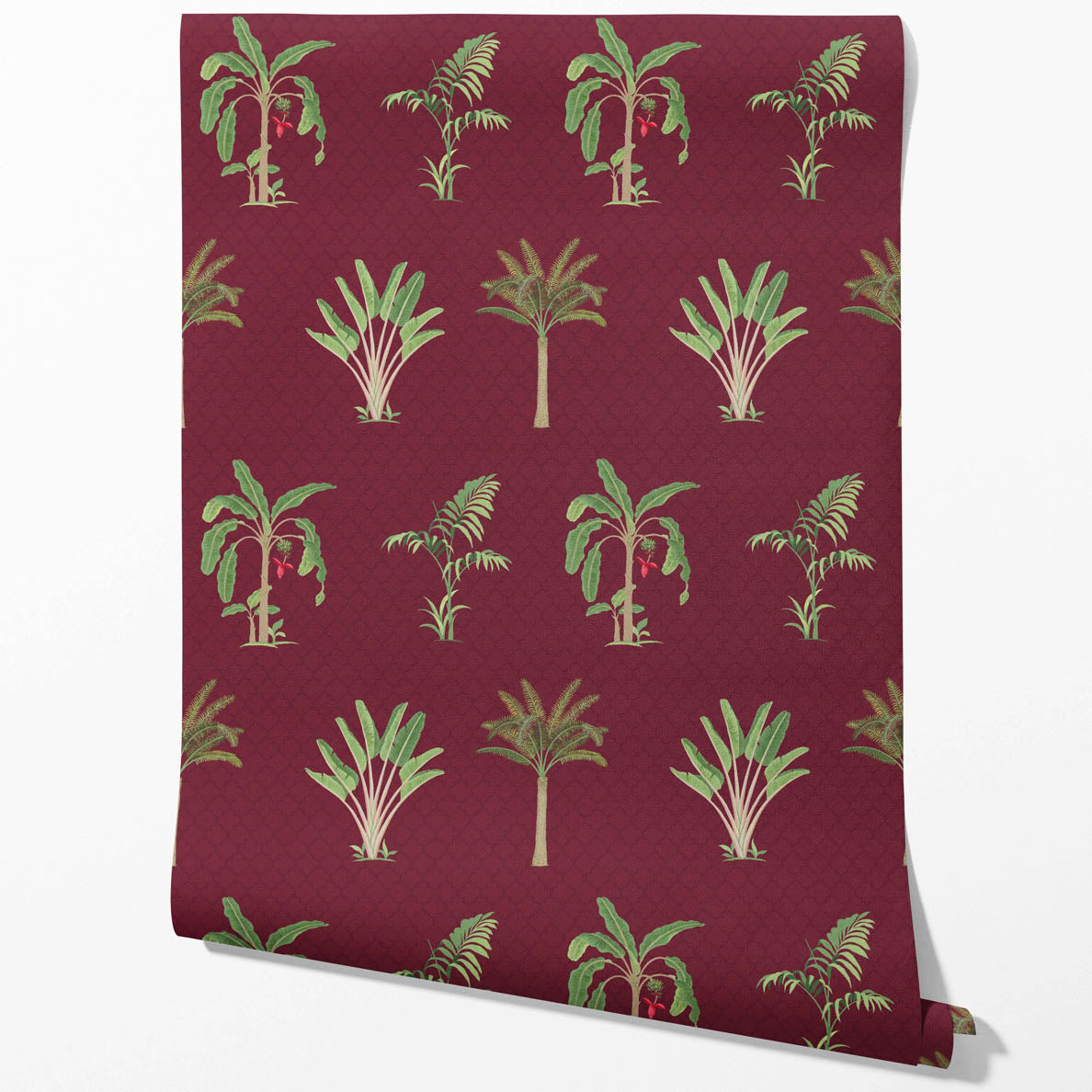 Botanical/ Floral Block Print Kitchen Wallpaper Sample (Red/ Maroon/ Green)