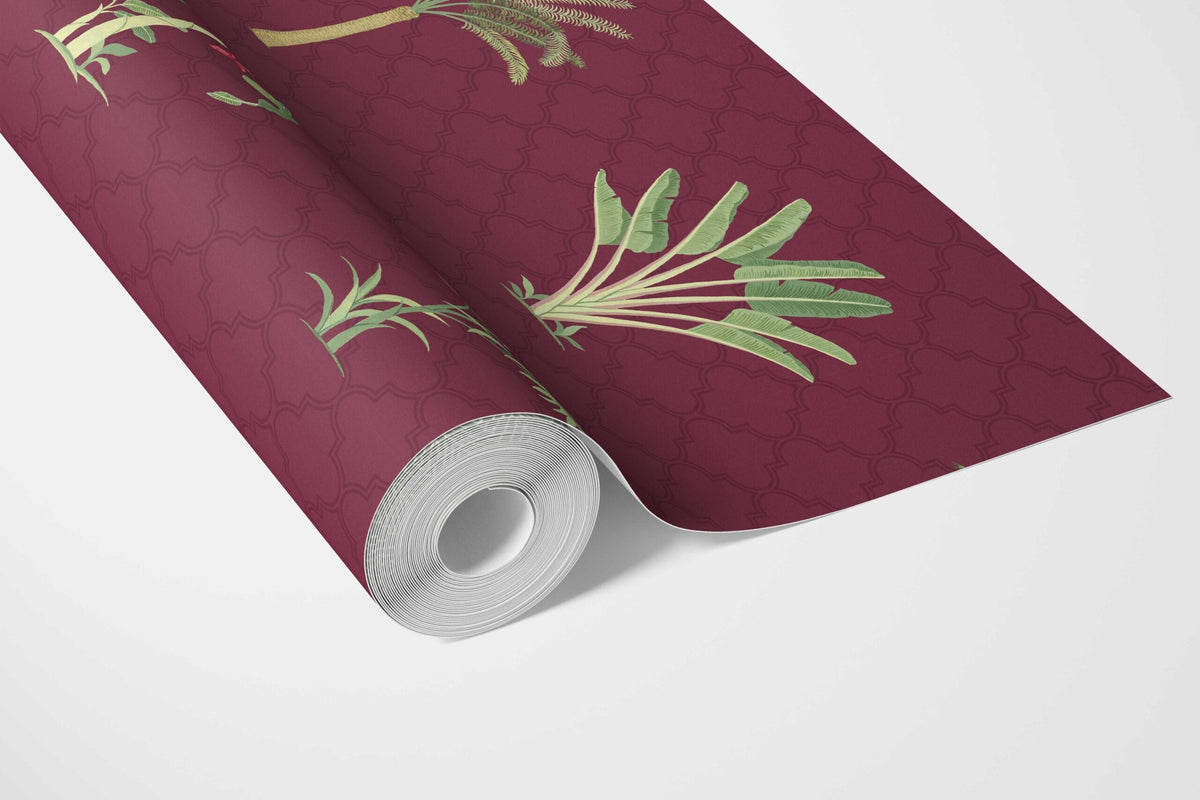 Botanical/ Floral Block Print Bathroom Wallpaper Sample (Red/ Maroon/ Green)