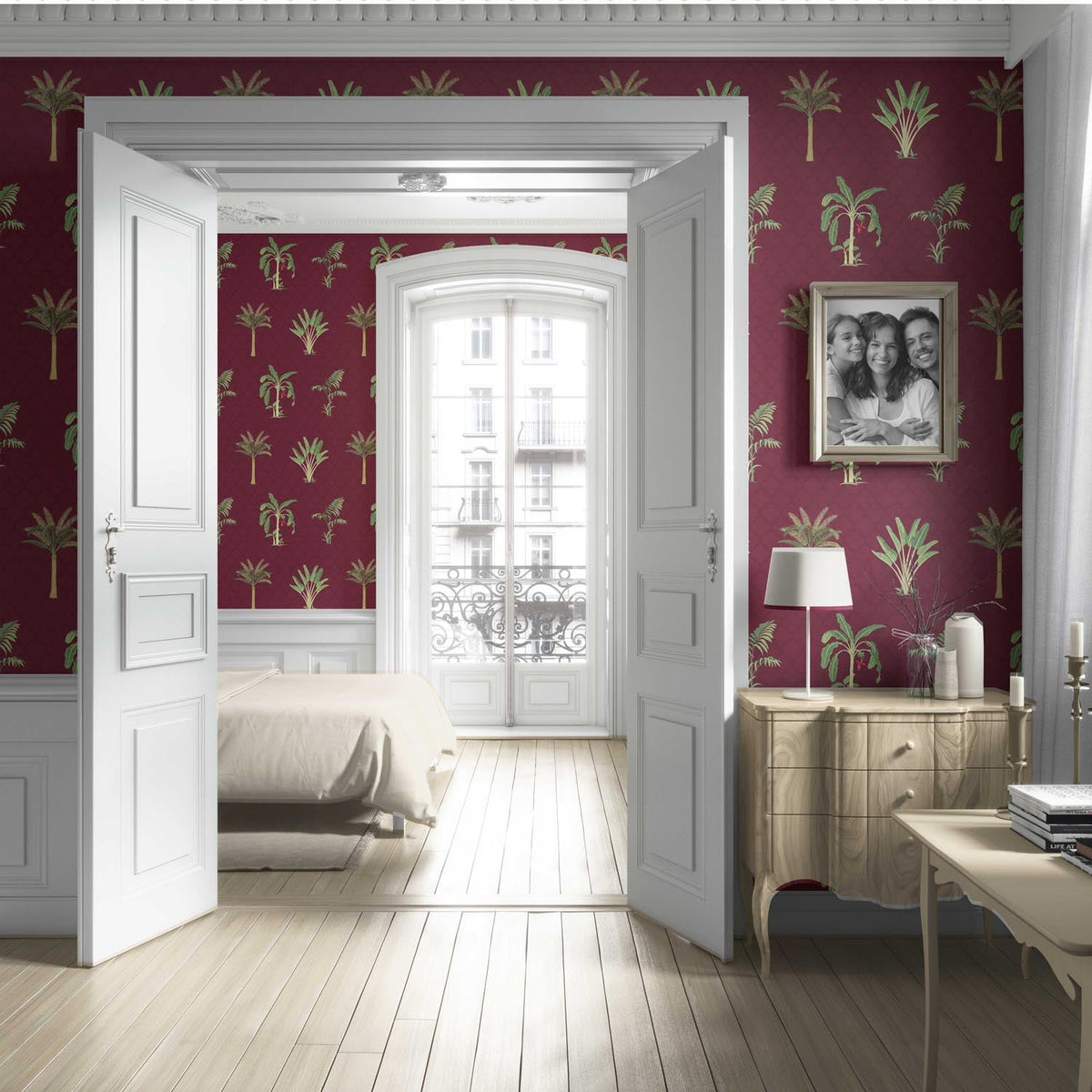 Botanical/ Floral Block Print Living Room Wallpaper Sample (Red/ Maroon/ Green)