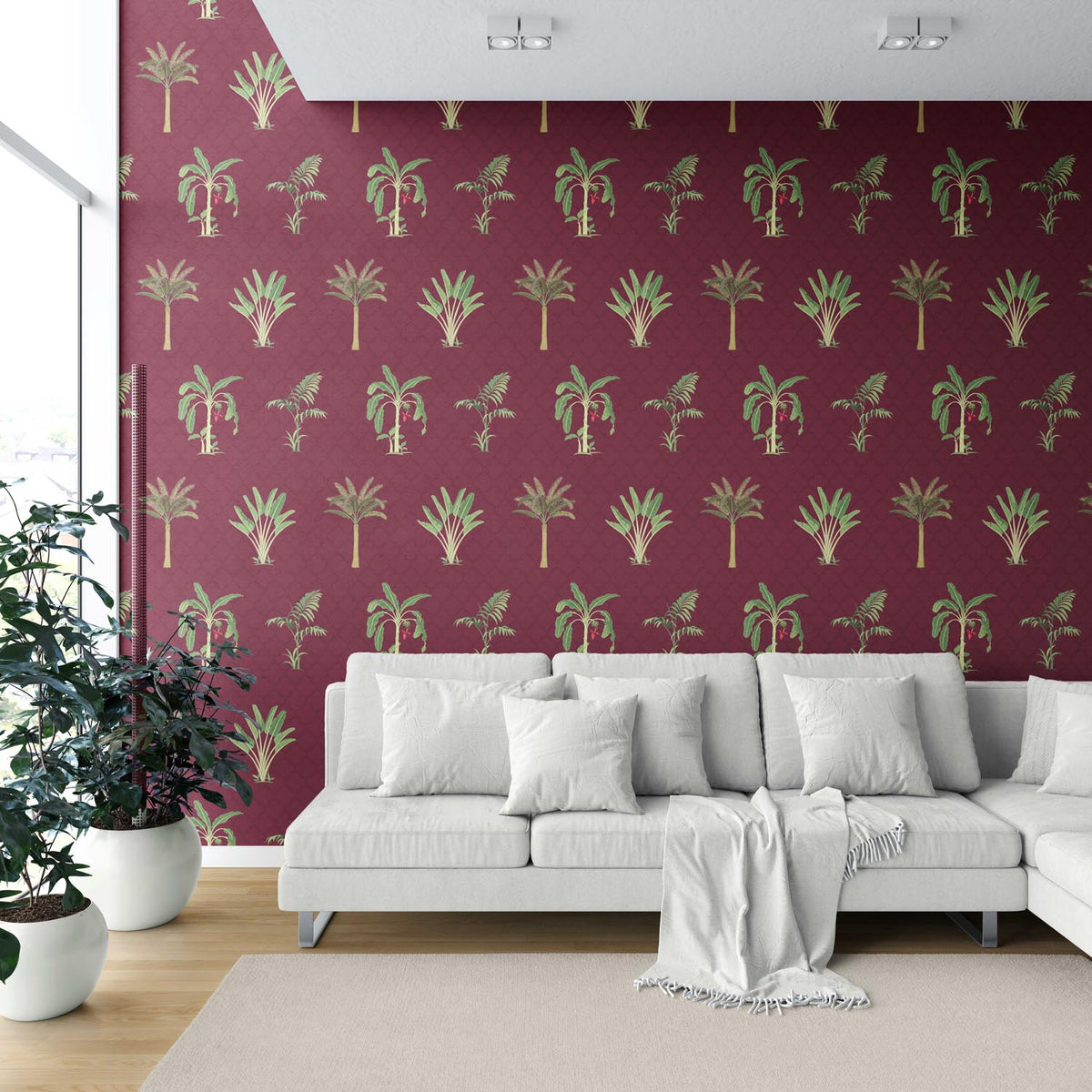 Botanical/ Floral Block Print Shower Toilet Wallpaper Sample (Red/ Maroon/ Green)