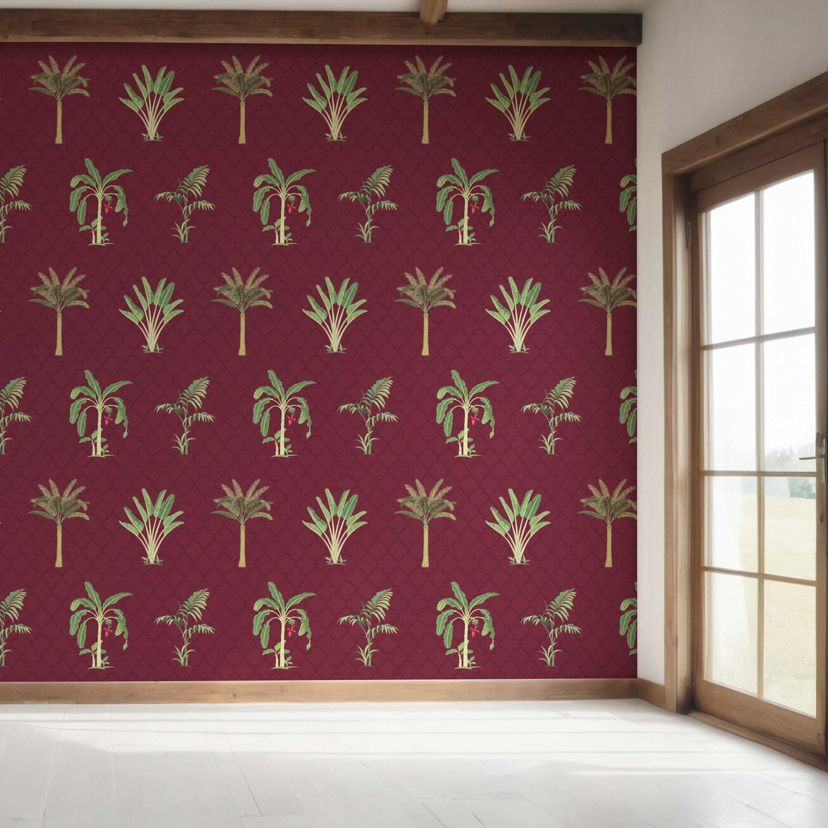Botanical/ Floral Block Print Bedroom Wallpaper Sample (Red/ Maroon/ Green)