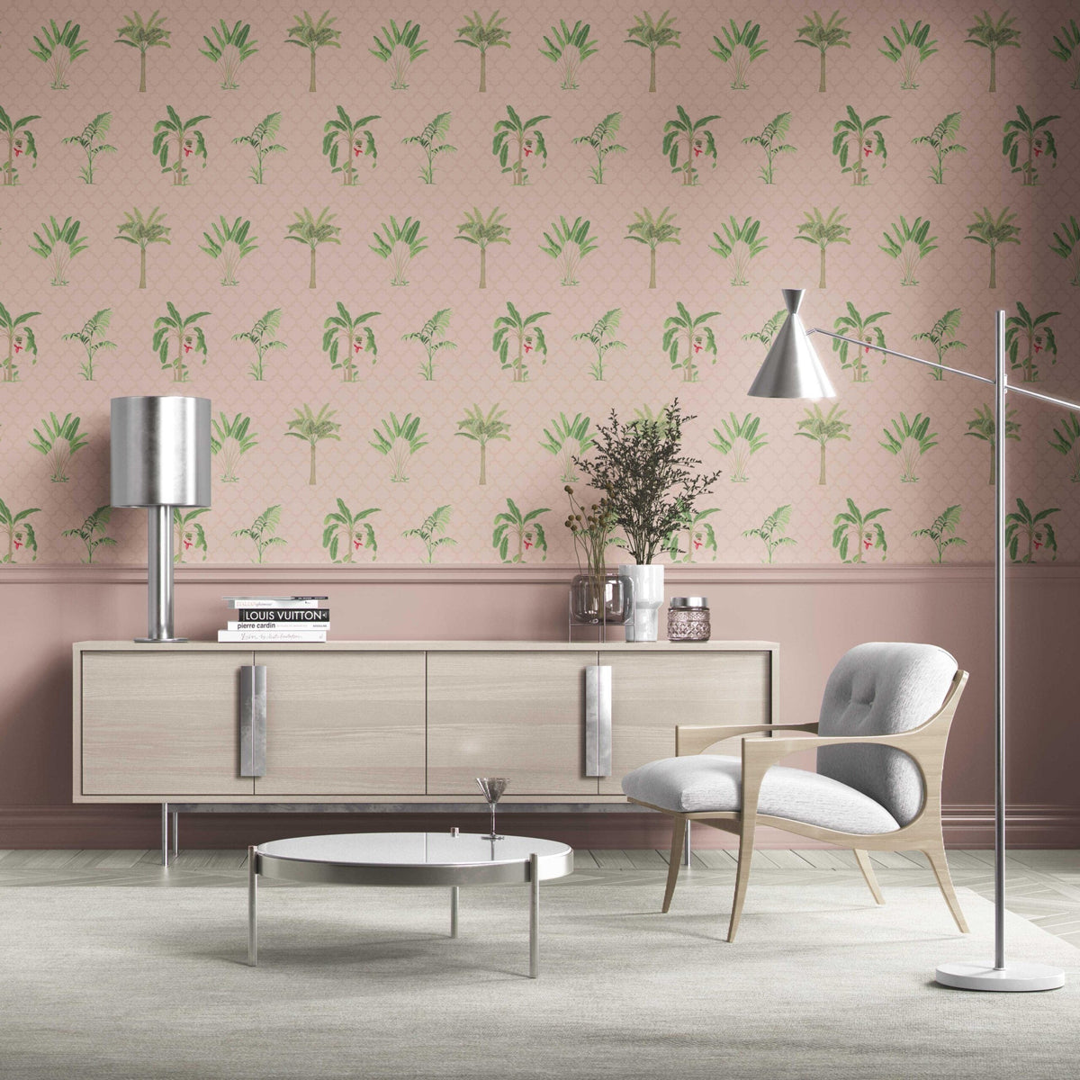 Botanical/ Floral Block Print Traditional Wallpaper (Pink/ Green/ Red)