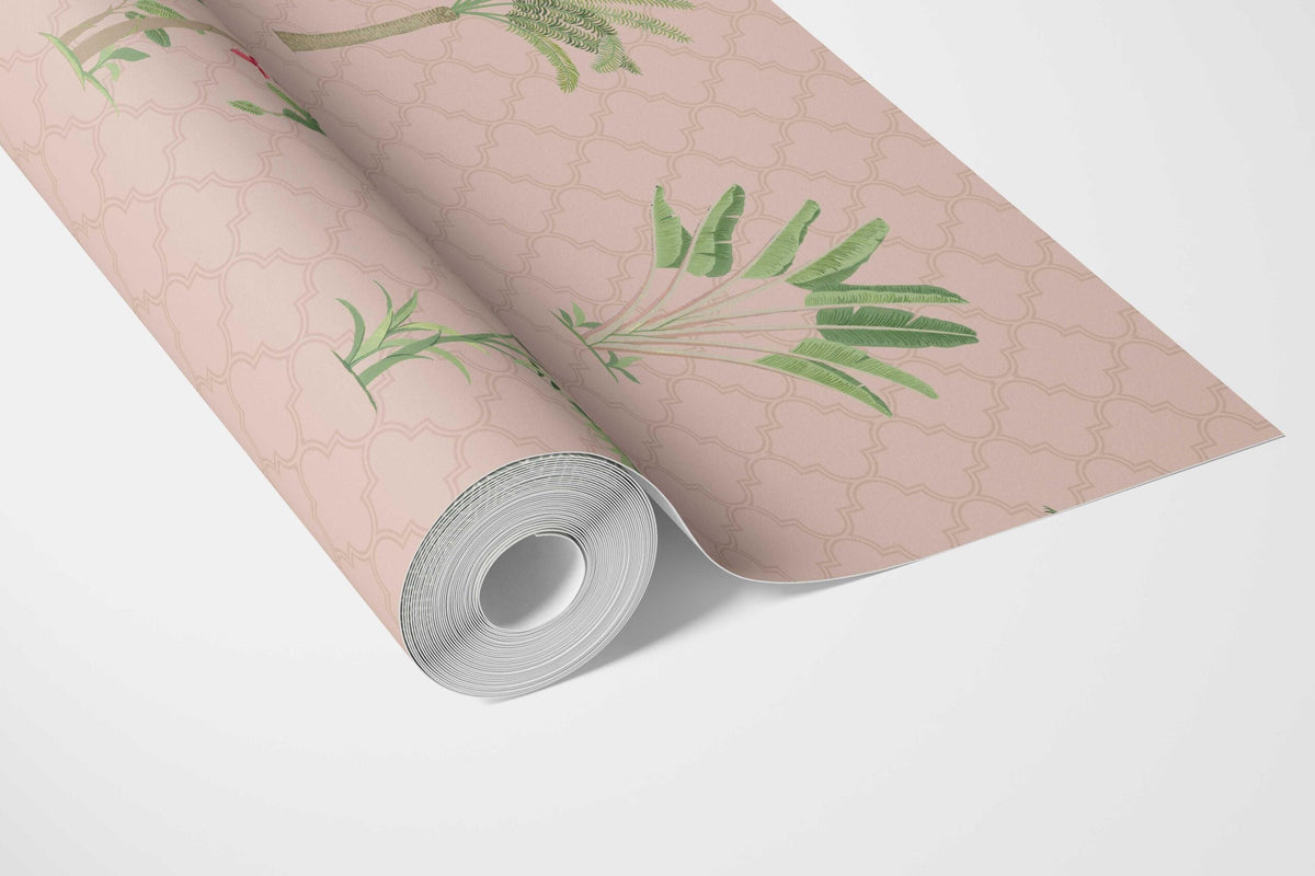 Botanical/ Floral Block Print Bathroom Wallpaper Sample (Pink/ Green/ Red)