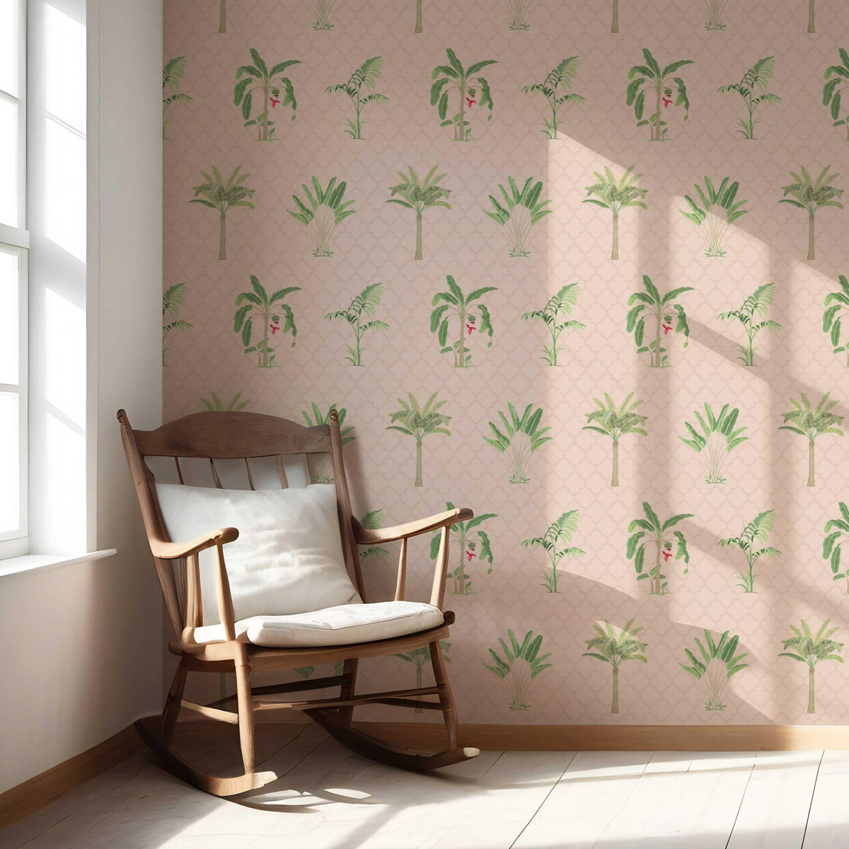 Botanical/ Floral Block Print Nursery Wallpaper Sample (Pink/ Green/ Red)