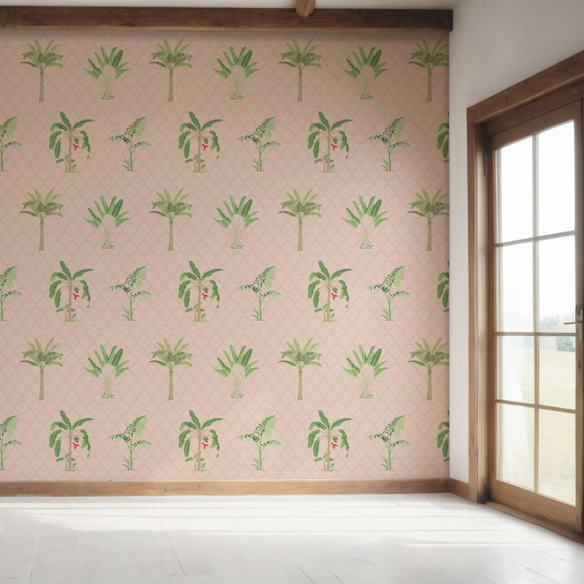 Botanical/ Floral Block Print Bedroom Wallpaper Sample (Pink/ Green/ Red)