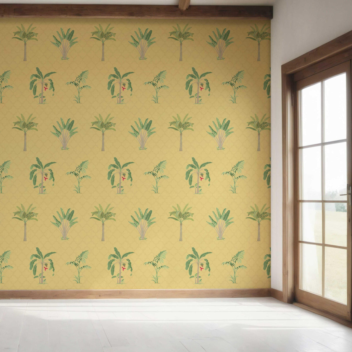 Botanical/ Floral Block Print Bedroom Wallpaper Sample (Yellow/ Green/ Red)