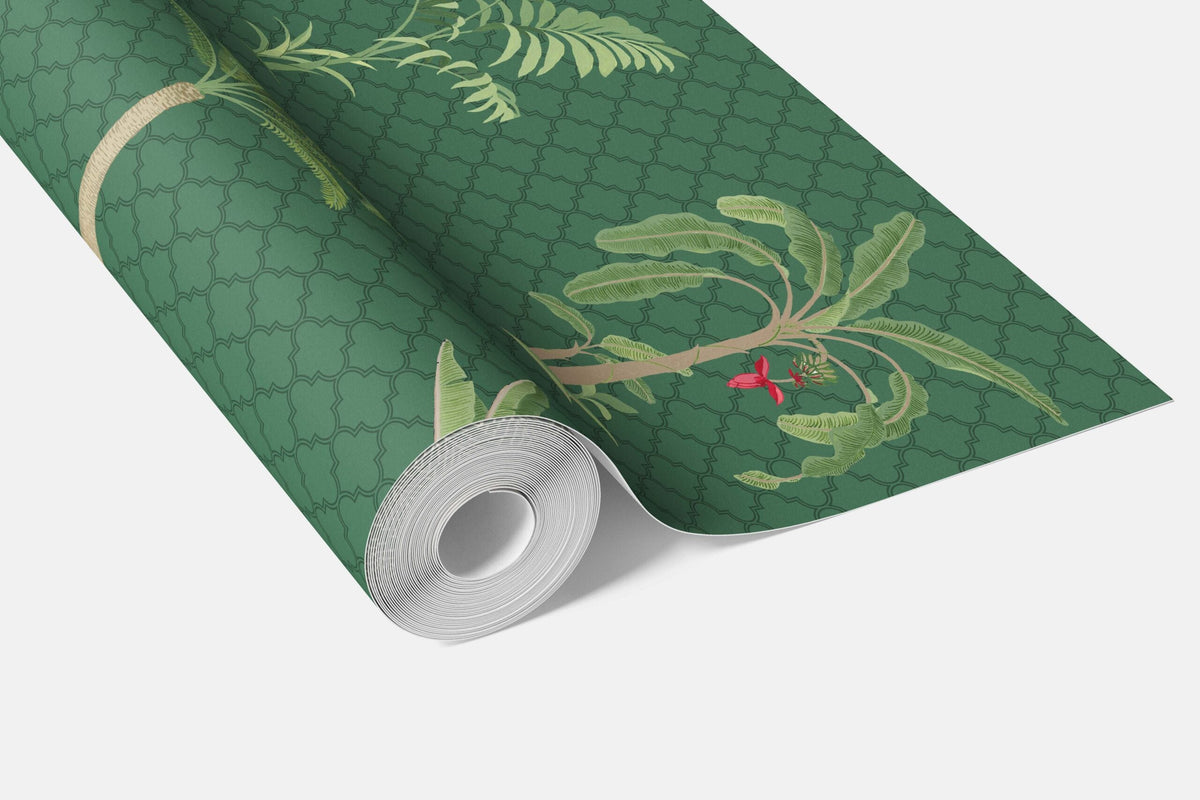 Botanical/ Floral Block Print Bathroom Wallpaper Sample (Emerald Green)