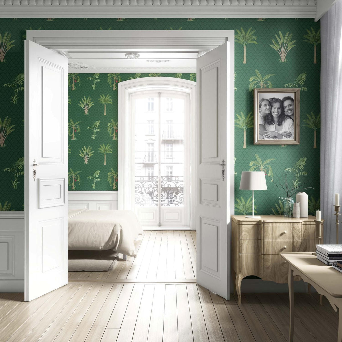 Botanical/ Floral Block Print Living Room Wallpaper Sample (Emerald Green)