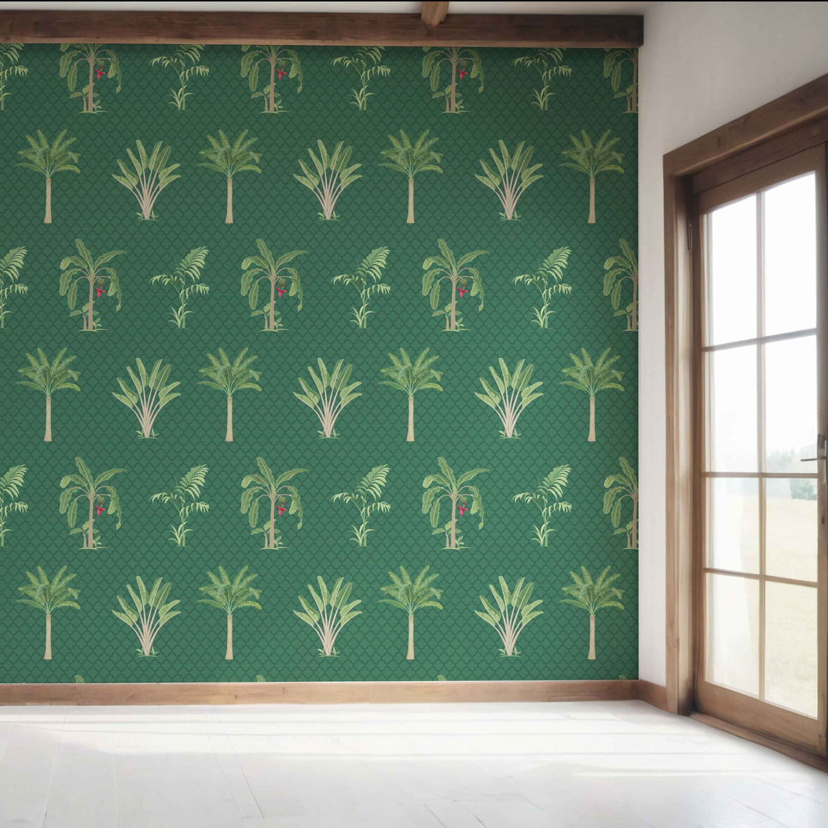 Botanical/ Floral Block Print Bedroom Wallpaper Sample (Emerald Green)
