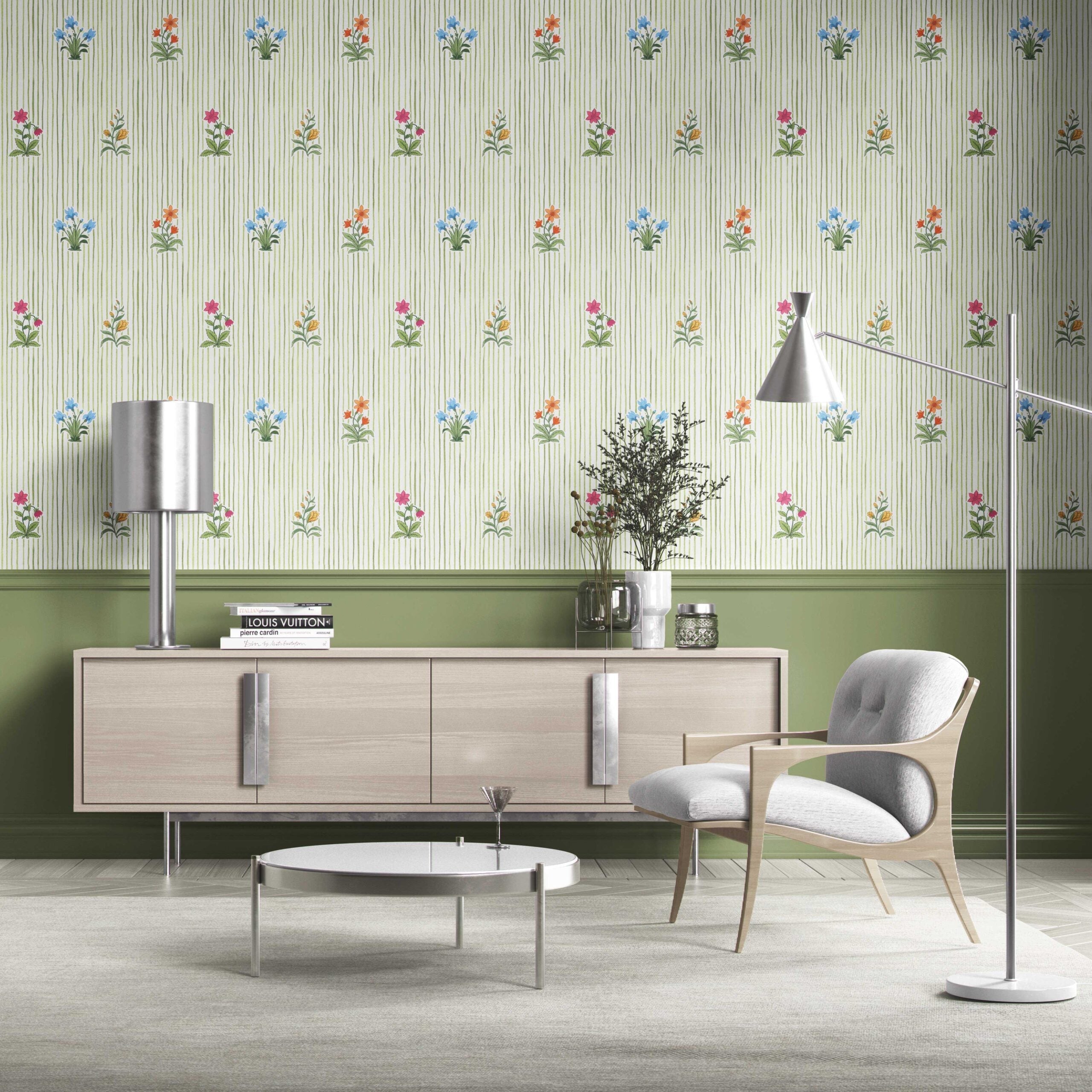 Floral Striped Block Print Kitchen Wallpaper Sample (Green/ Pink/ Blue/ Yellow/ Orange)